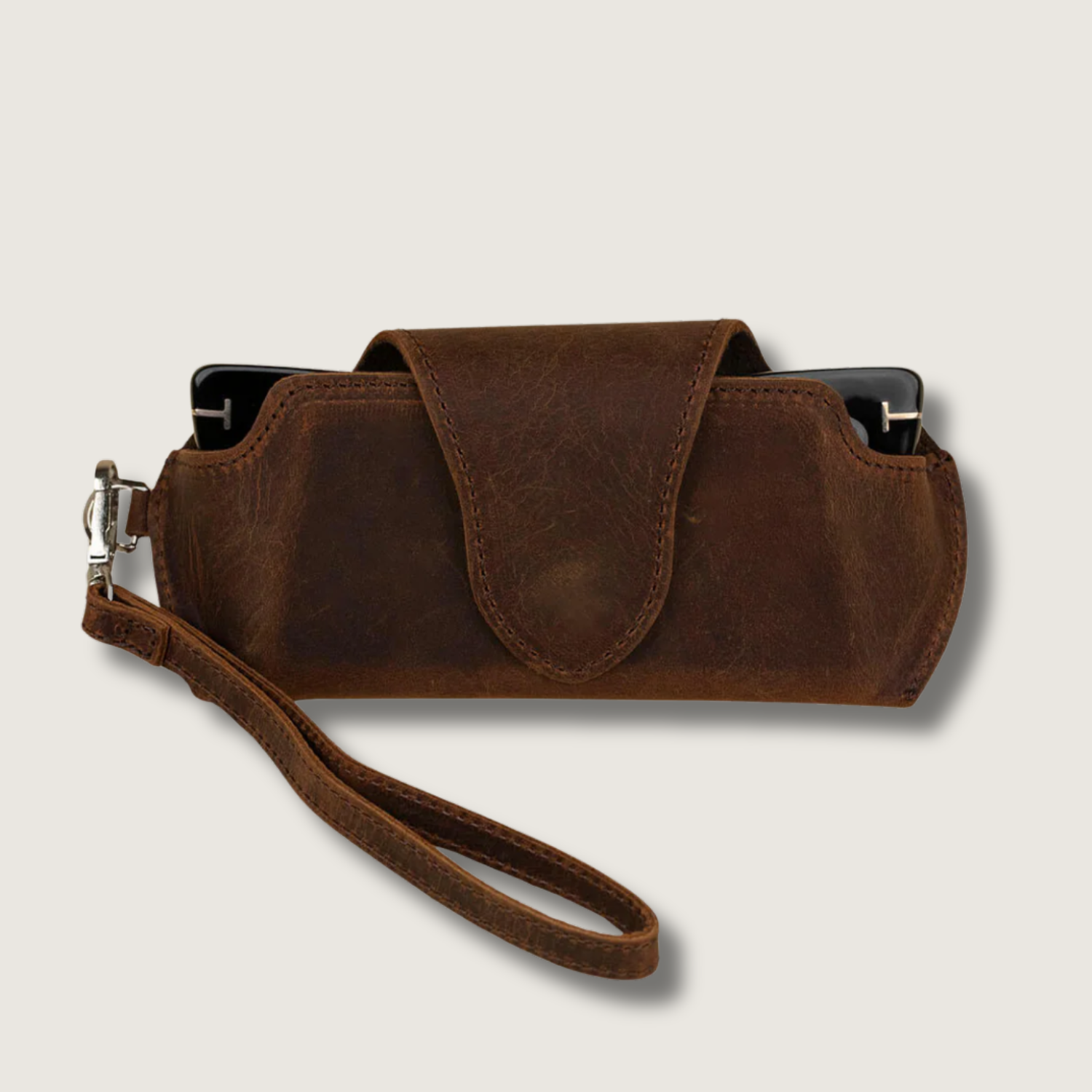 Leather Sunglass Case with Wrist Strap - Rich Dark Brown - Denver