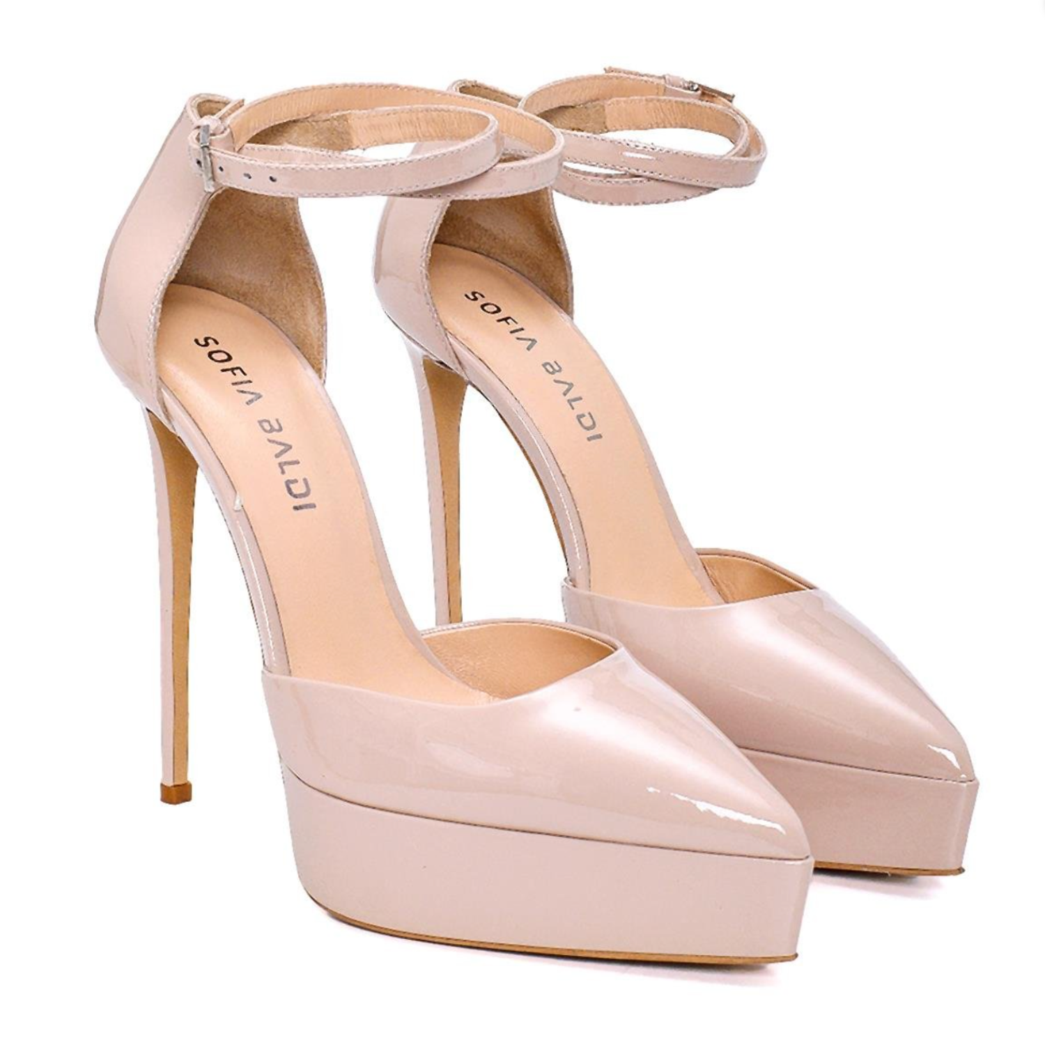 Nude Patent Platform High Heel Shoes with Ankle Strap - Pink - Freeport