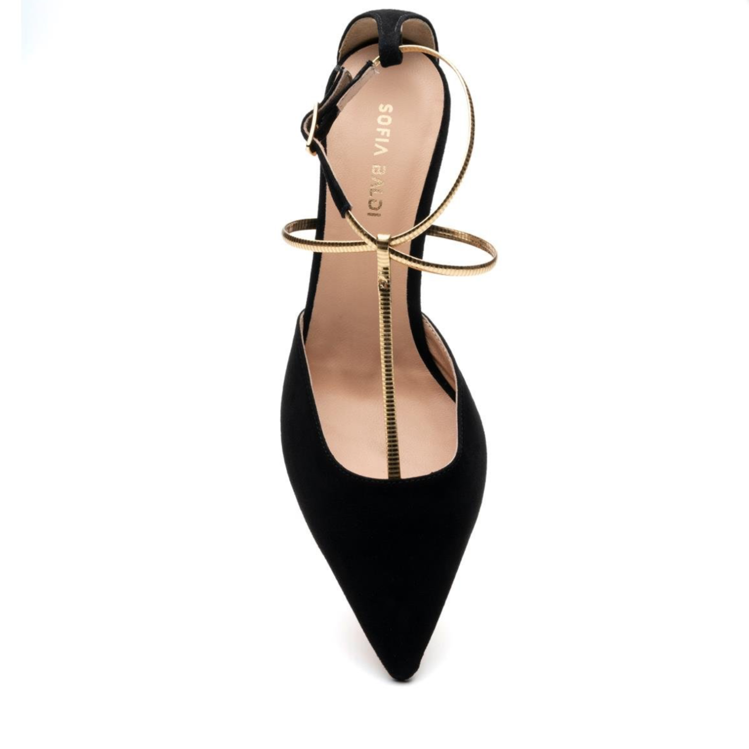 Black Suede Pointed Toe Heels with Gold Ankle Straps - Black - Stamford
