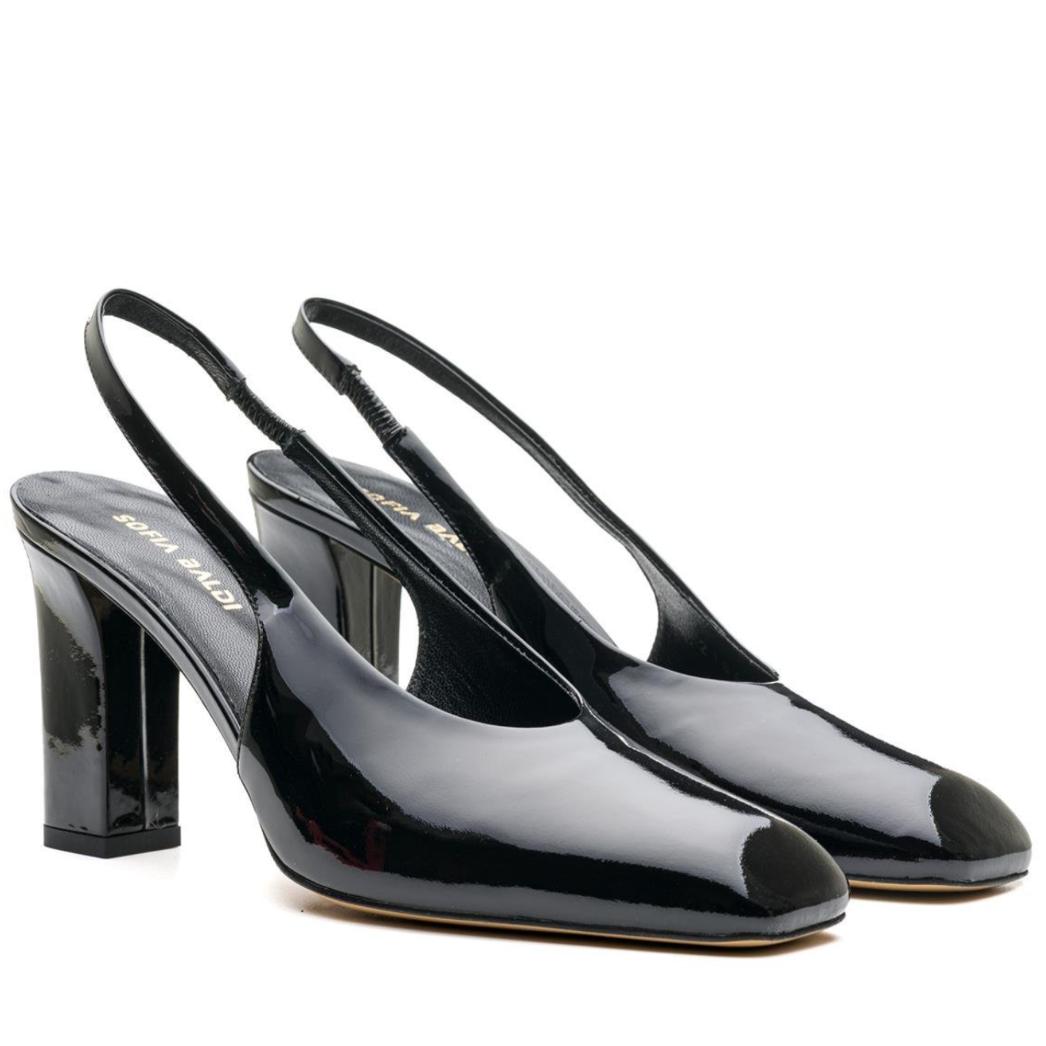 Black Patent Leather Slingback Block Heel Pumps - Classic Office Heels - Black - Camden