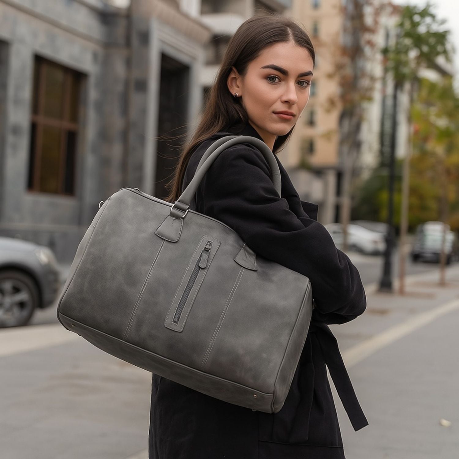 Vintage Leather Weekender Bag - Grey - Edison