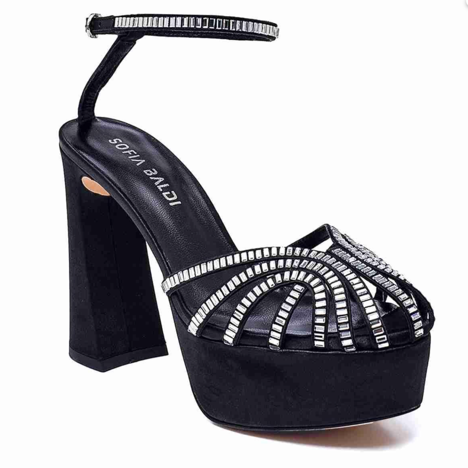 Black Rhinestone Platform Sandals - Crystal Embellished Block Heel Sandals - Black - Auburn