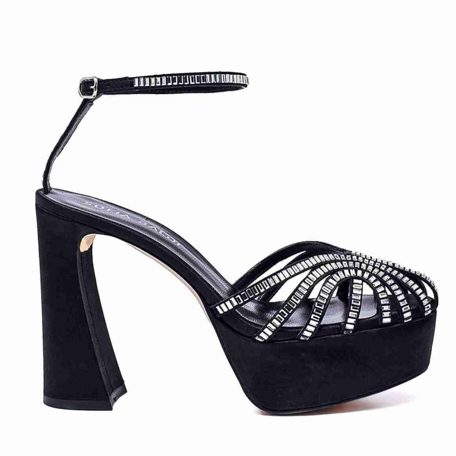 Black Crystal Embellished Platform Sandals with Block Heel - Black - Dayton