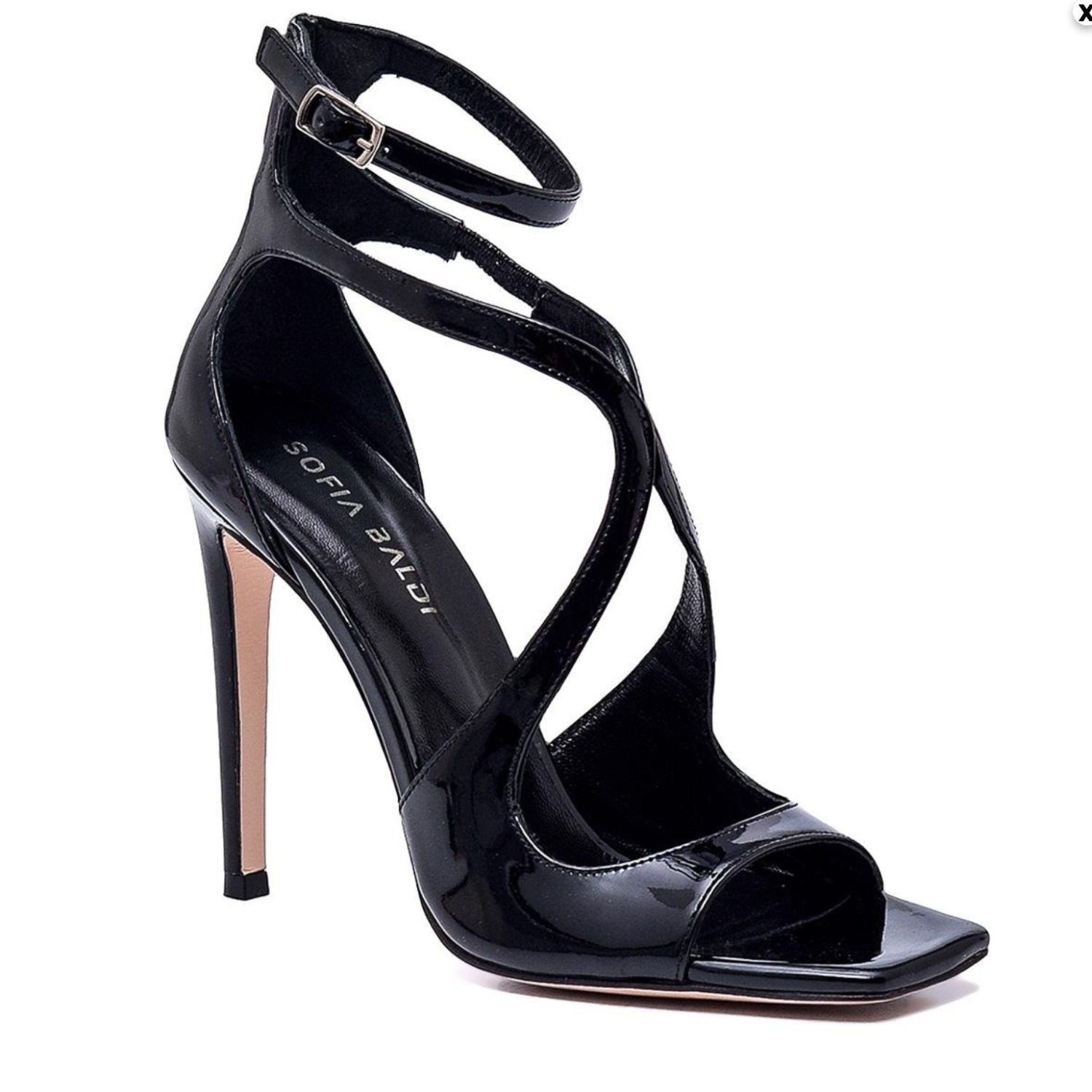 Black Patent Leather Strappy High-Heel Sandals-Black -Tucson