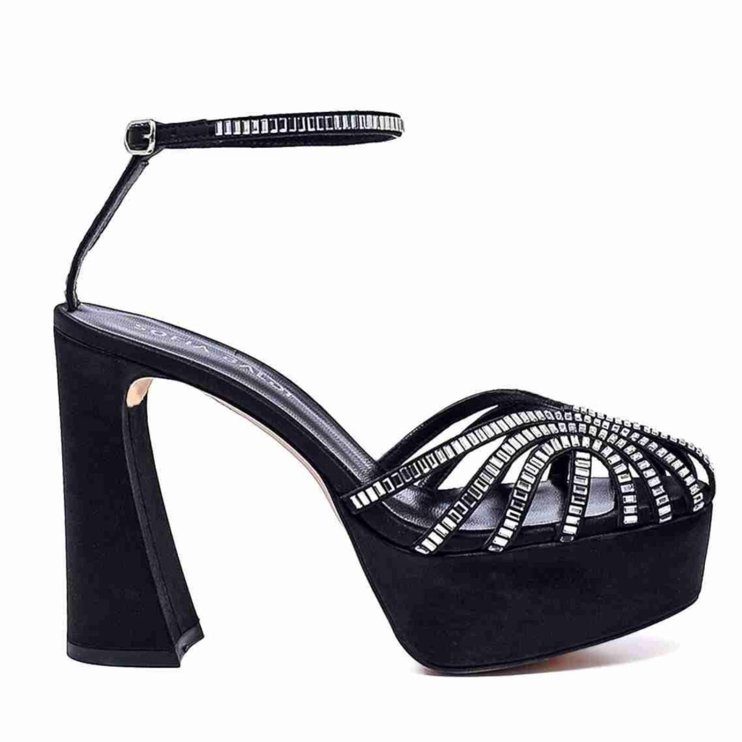 Black Rhinestone Platform Sandals - Crystal Embellished Block Heel Sandals - Black - Auburn
