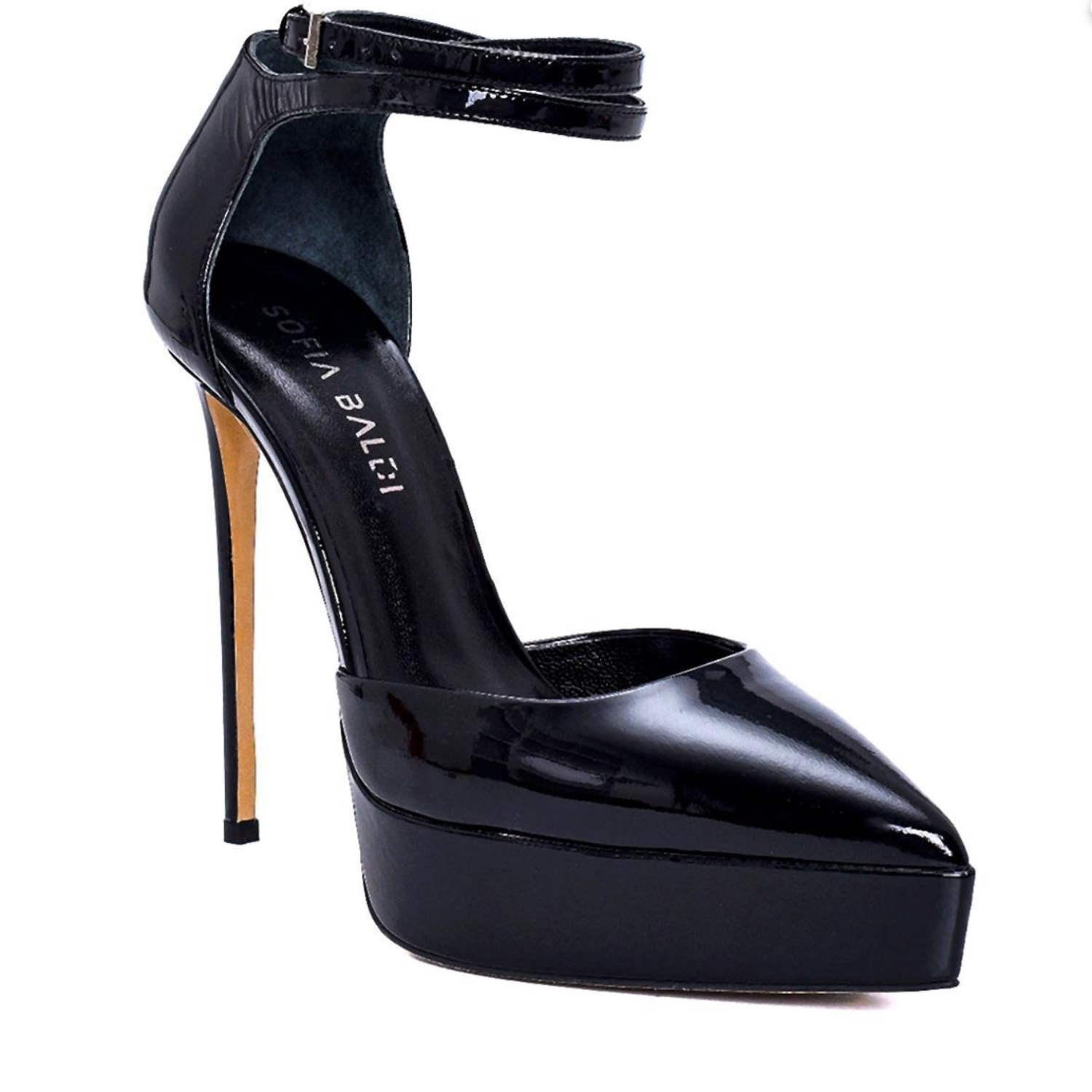 Black Patent Leather Platform Heels with Ankle Strap - Stiletto Pumps - Black - Bend
