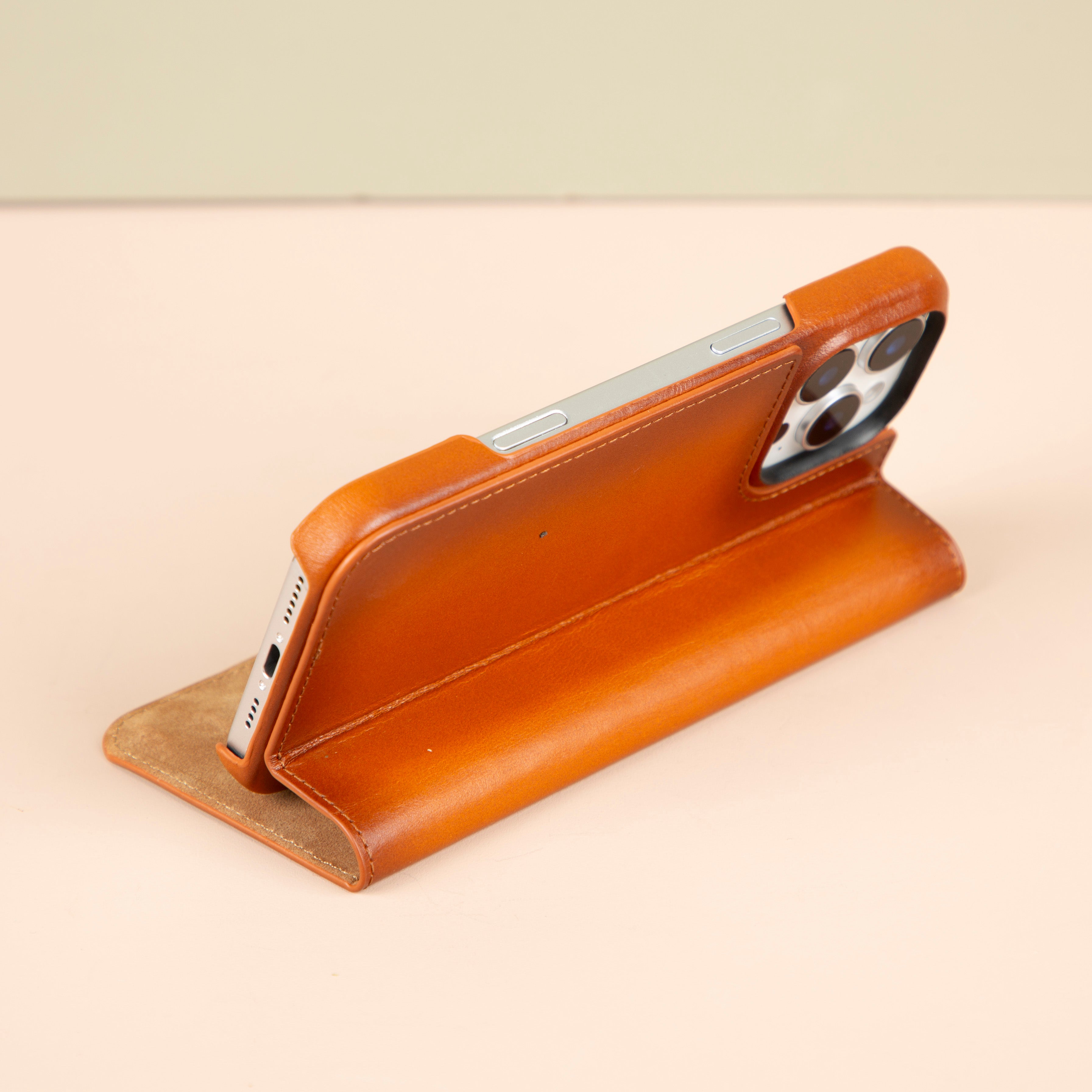 iPhone 16 Series Leather Wallet Case - Orange Brown - Seoul