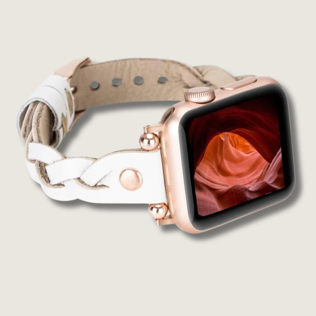 White Leather Apple Watch band with Rose Gold Buckle Quantum Leather Apple Watch Band - Beige – Svenion main image 3