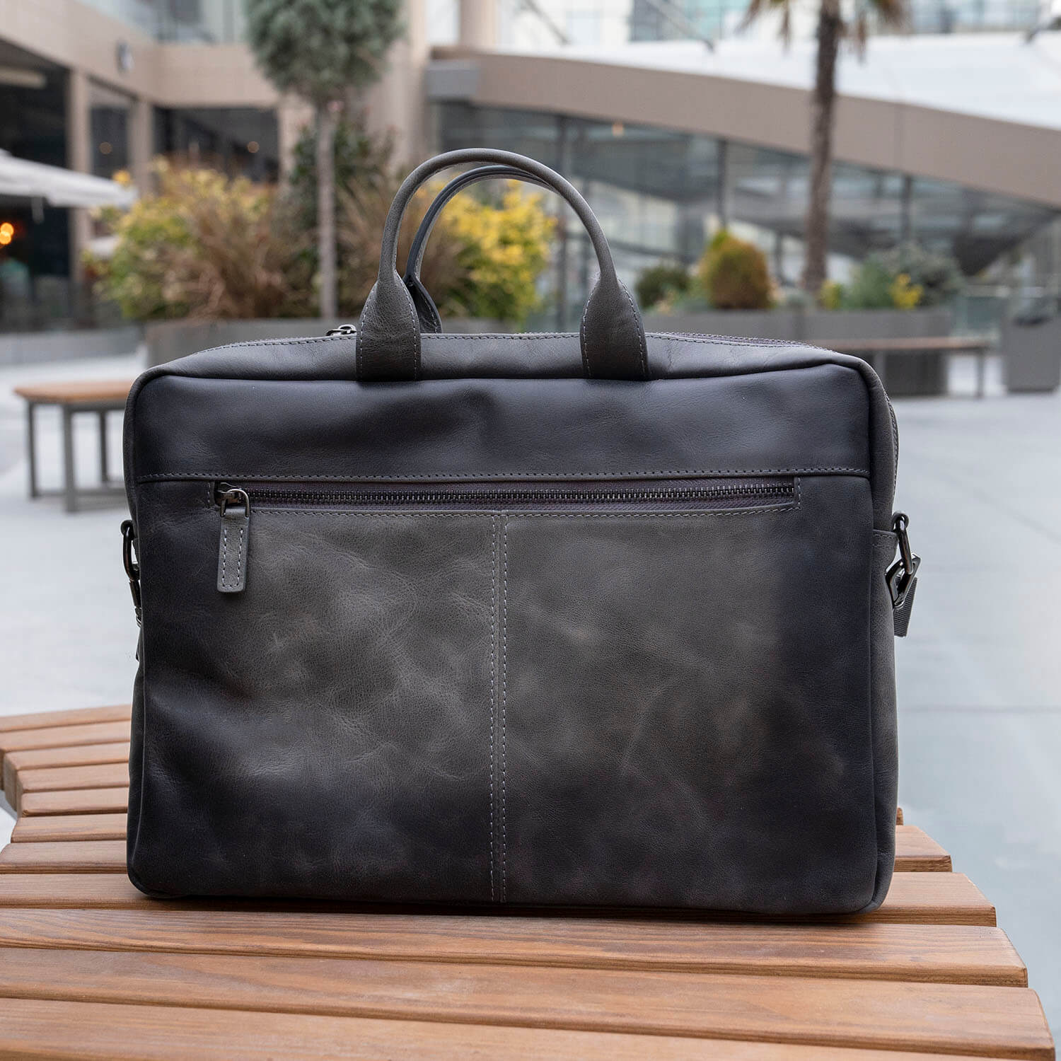 Classic Leather Laptop Bag - Grey - Hollywood