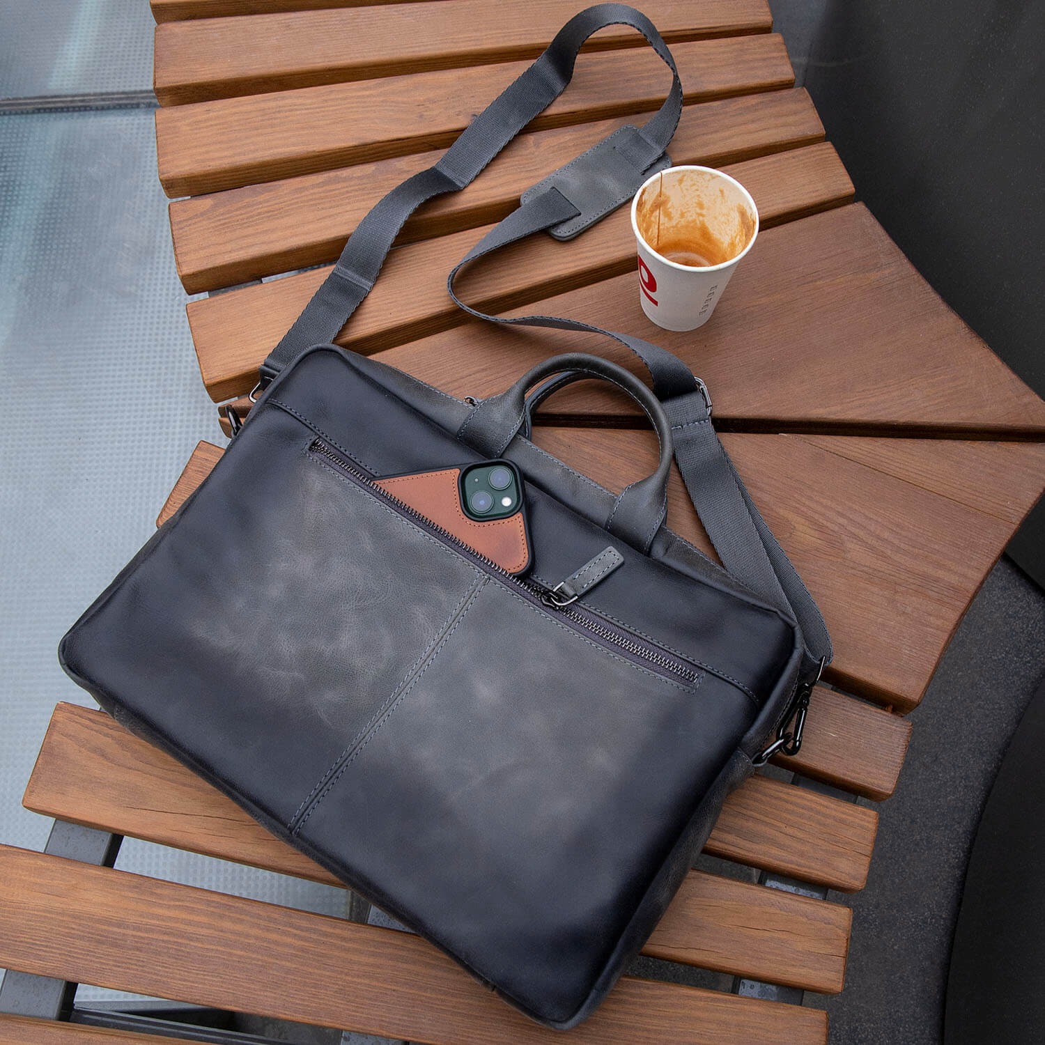 Classic Leather Laptop Bag - Grey - Hollywood