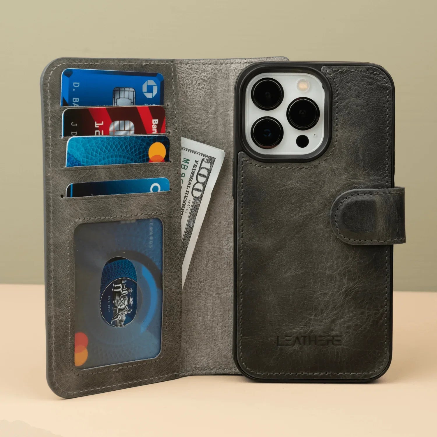Grey Leather iPhone 16 Series Wallet Case - LEATHERE