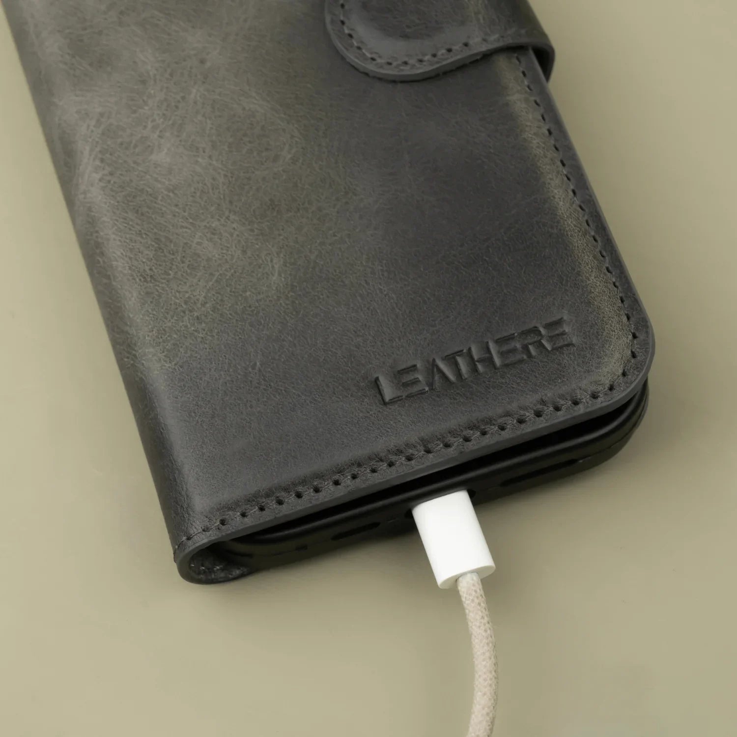 Grey Leather iPhone 16 Series Wallet Case - LEATHERE