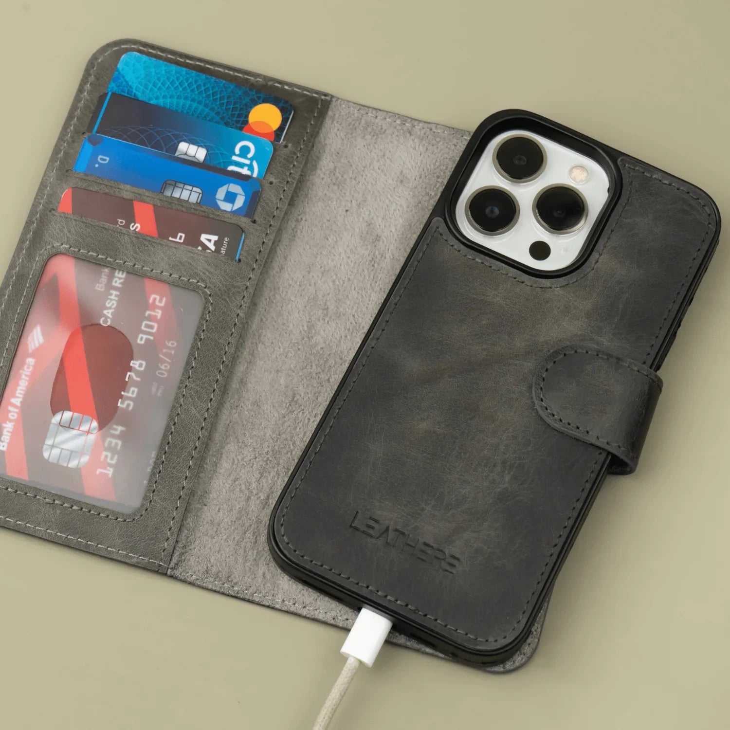 Grey Leather iPhone 16 Series Wallet Case - LEATHERE