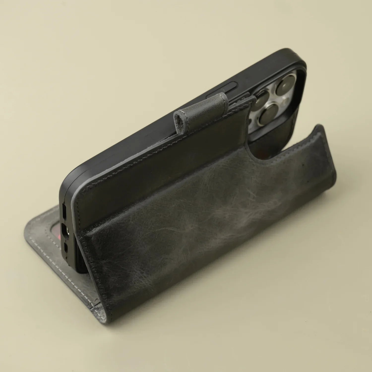 Grey Leather iPhone 16 Series Wallet Case - LEATHERE