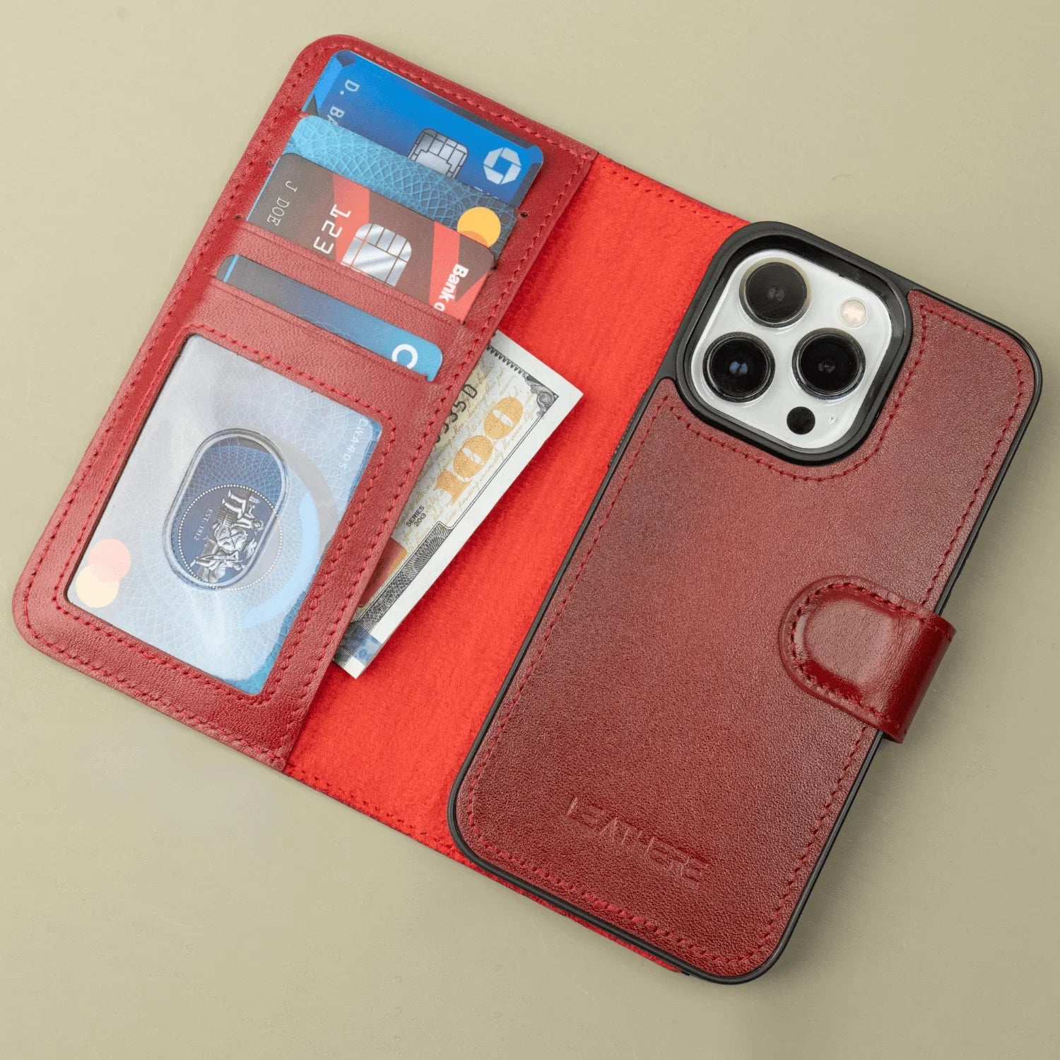 Red Leather iPhone 16 Series Wallet Case - LEATHERE