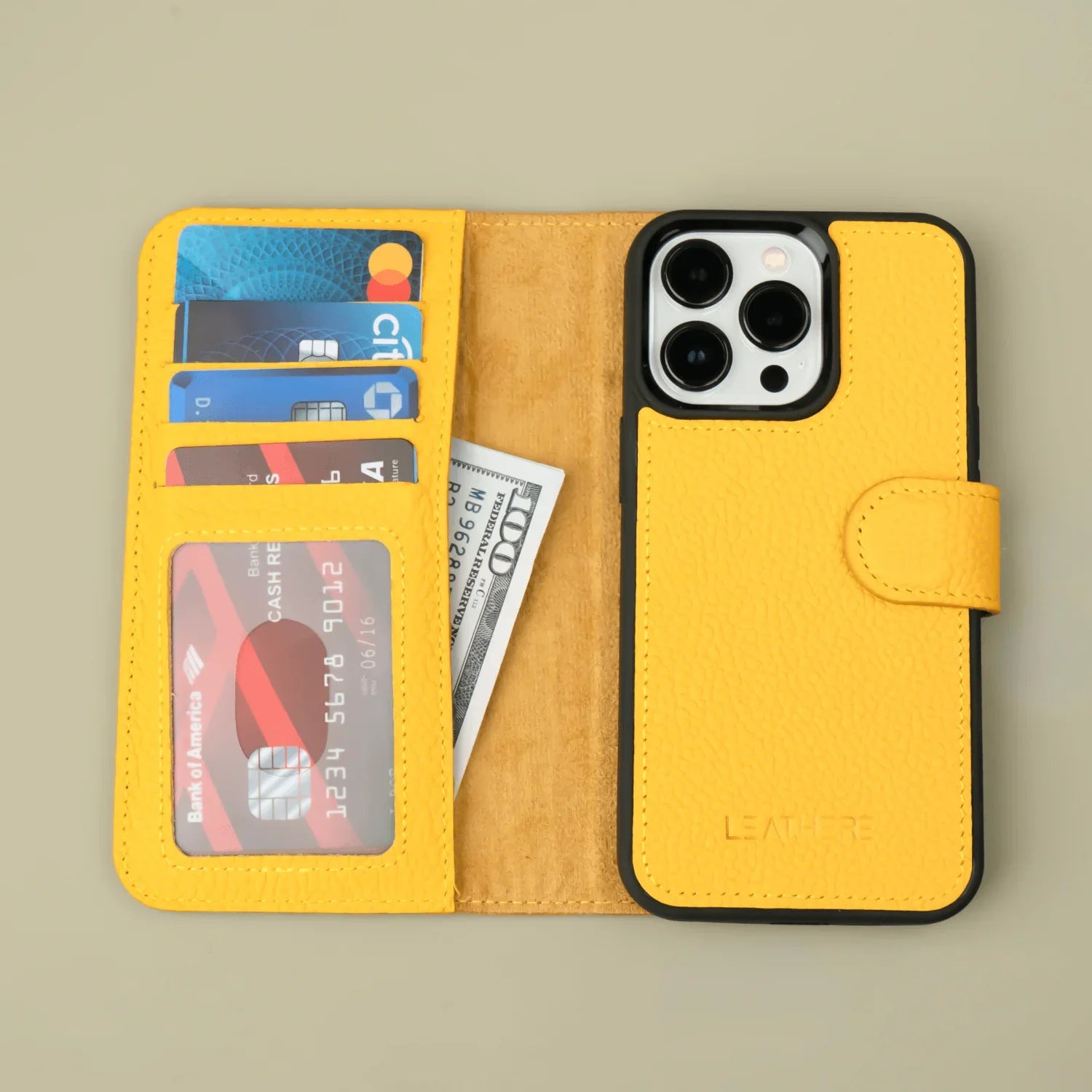 Yellow Leather iPhone 16 Series Wallet Case - LEATHERE
