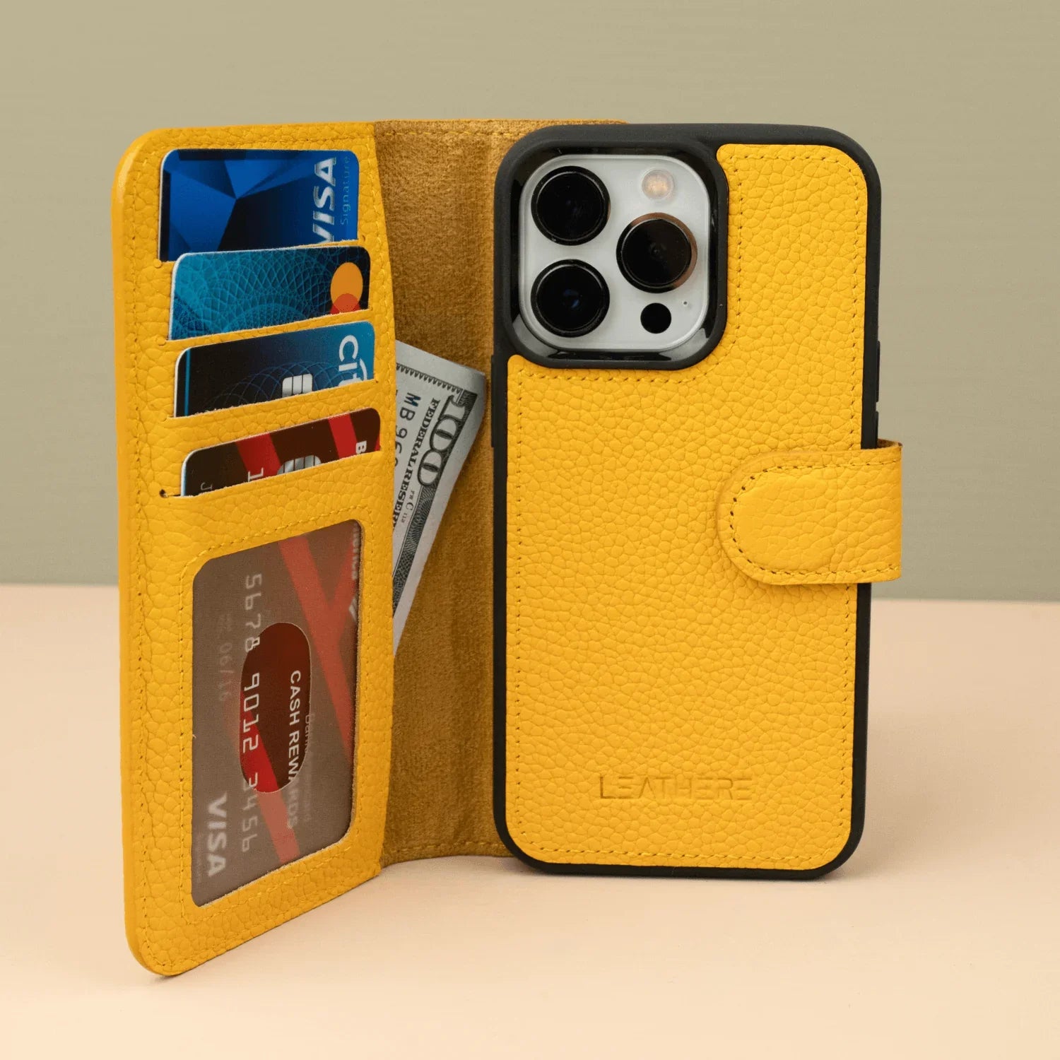Yellow Leather iPhone 16 Series Wallet Case - LEATHERE