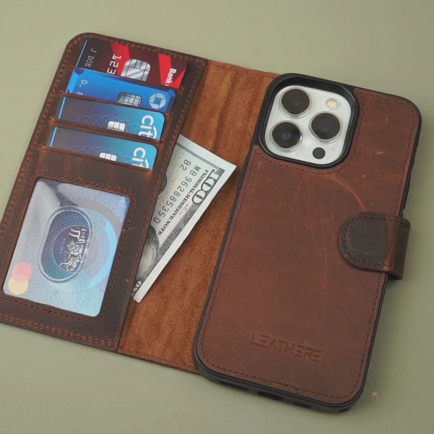 Dark Brown Leather iPhone 16 Series Wallet Case - LEATHERE