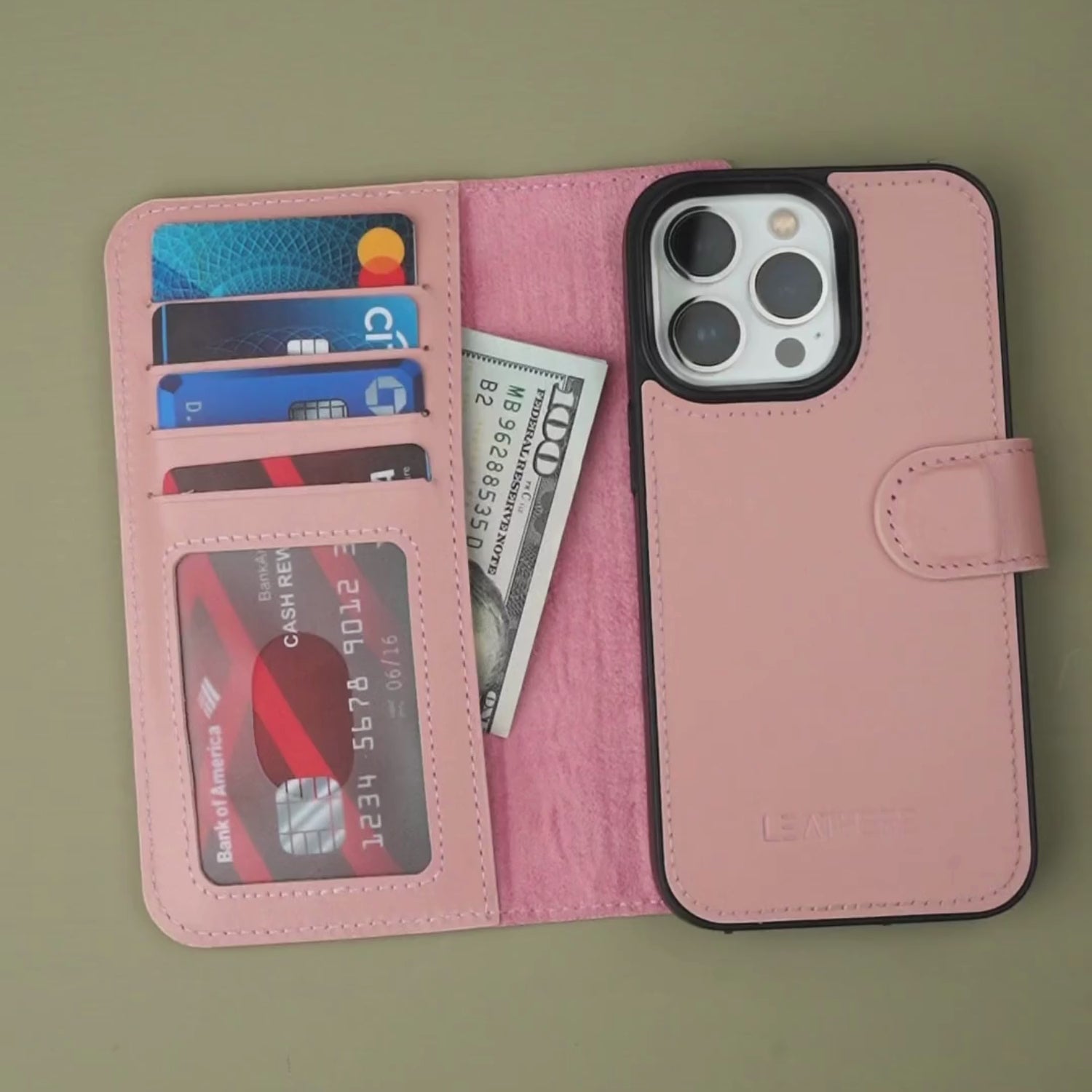 Pink Leather iPhone 16 Series Wallet Case - LEATHERE