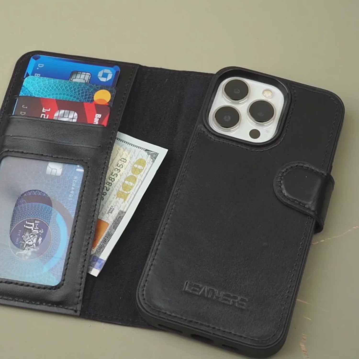 Black Leather iPhone 16 Series Wallet Case - LEATHERE