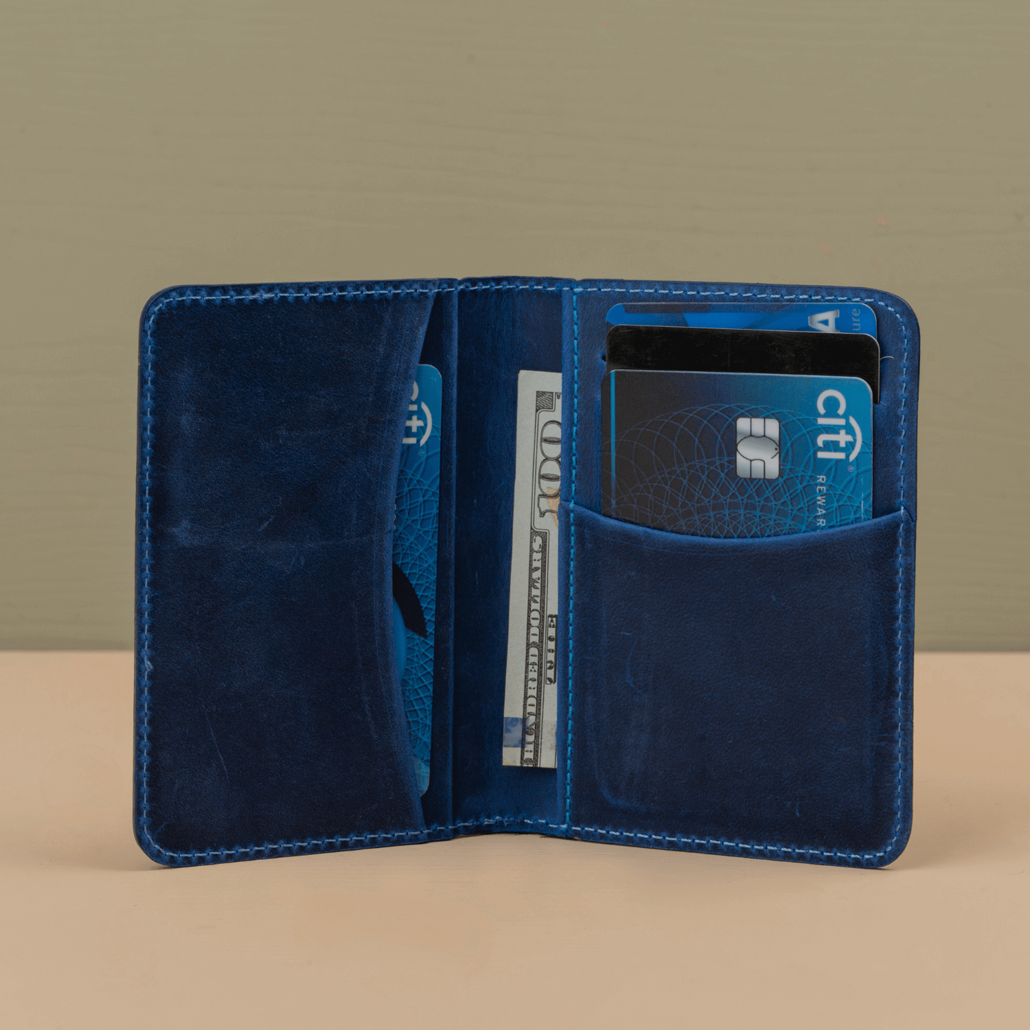 Blue Leather Thin Wallet with Card Holder - LEATHERE