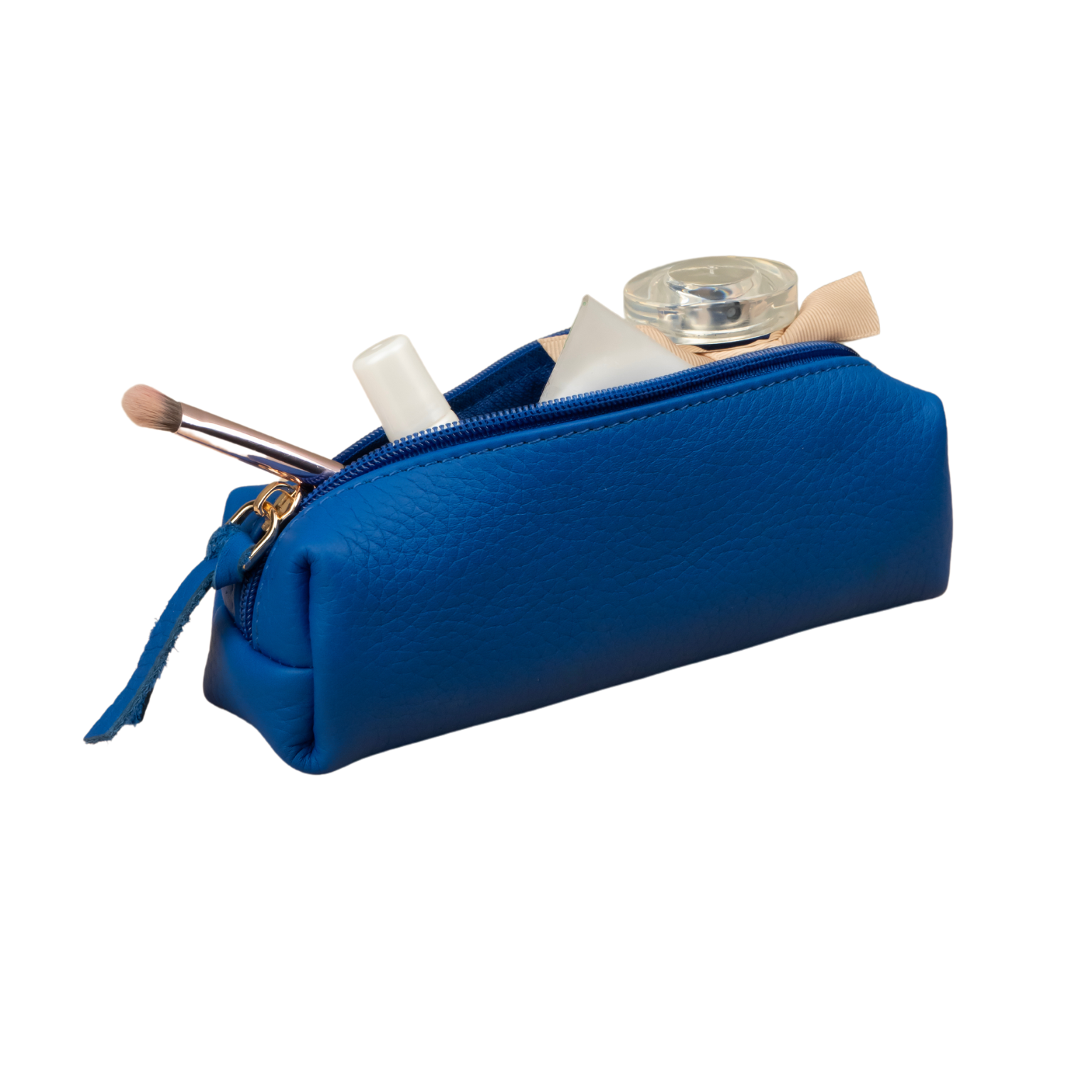 Blue Leather Make Up Bag with Zipper Closure - LEATHERE