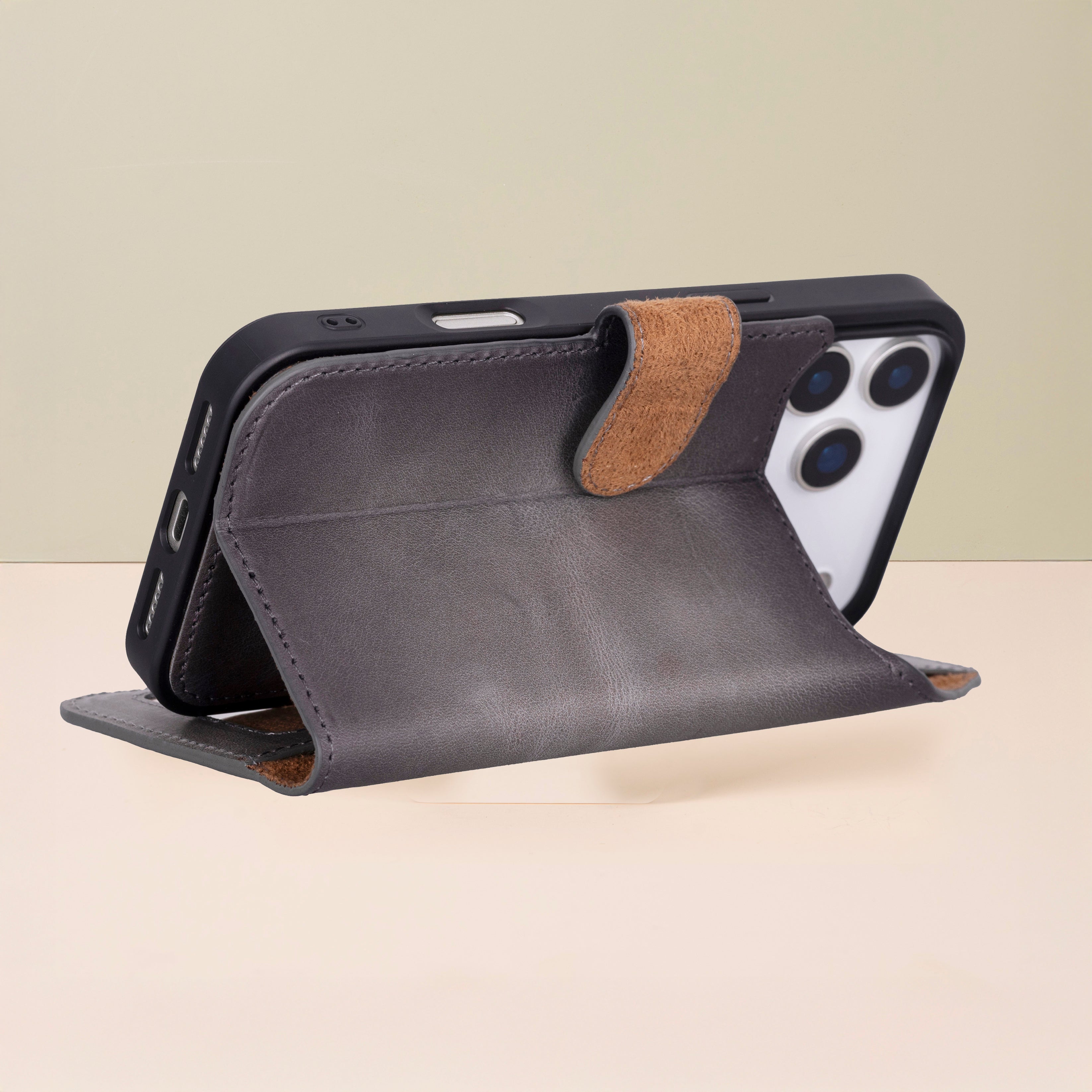 Leather iPhone 17 Pro Max Wallet Case – Gray - Austin