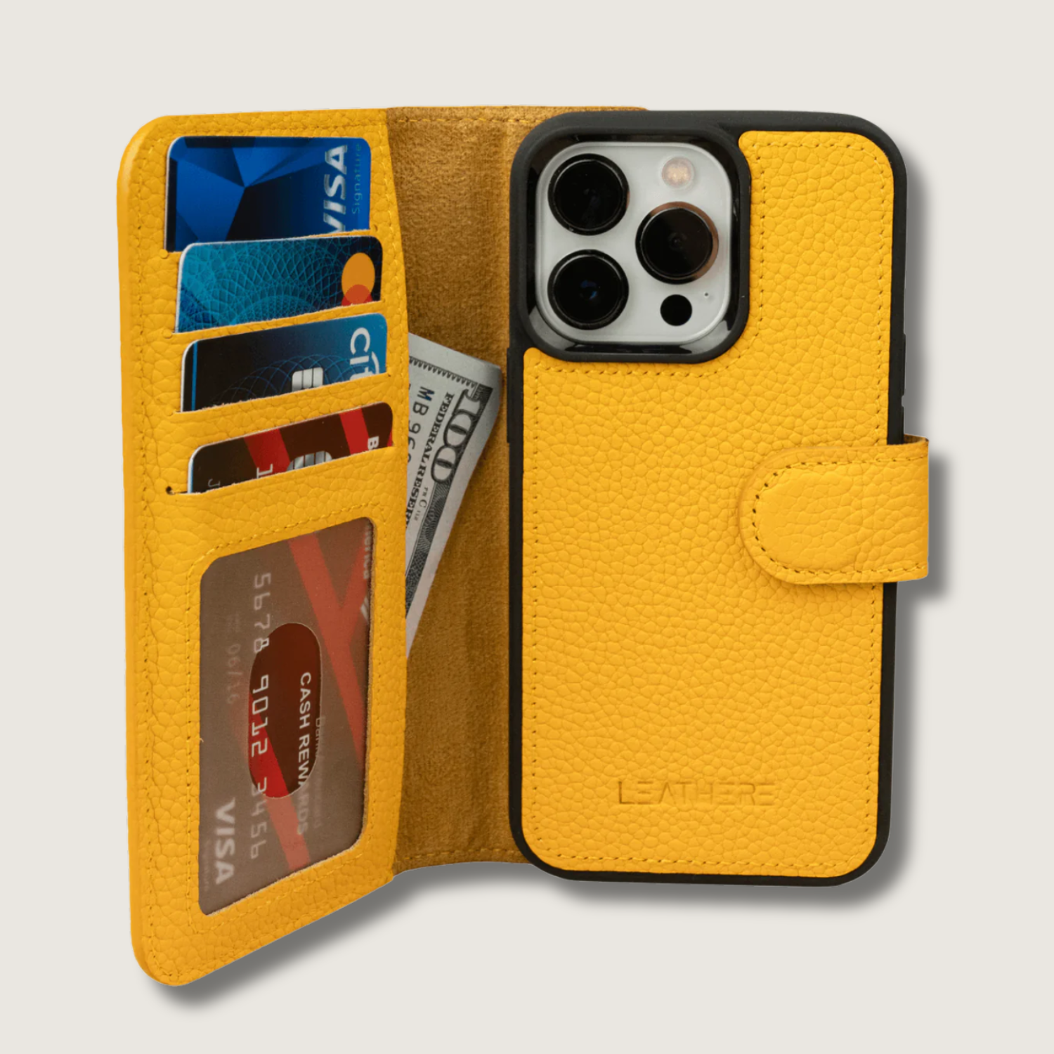 iPhone 15 Series Yellow Leather Wallet Case - New York