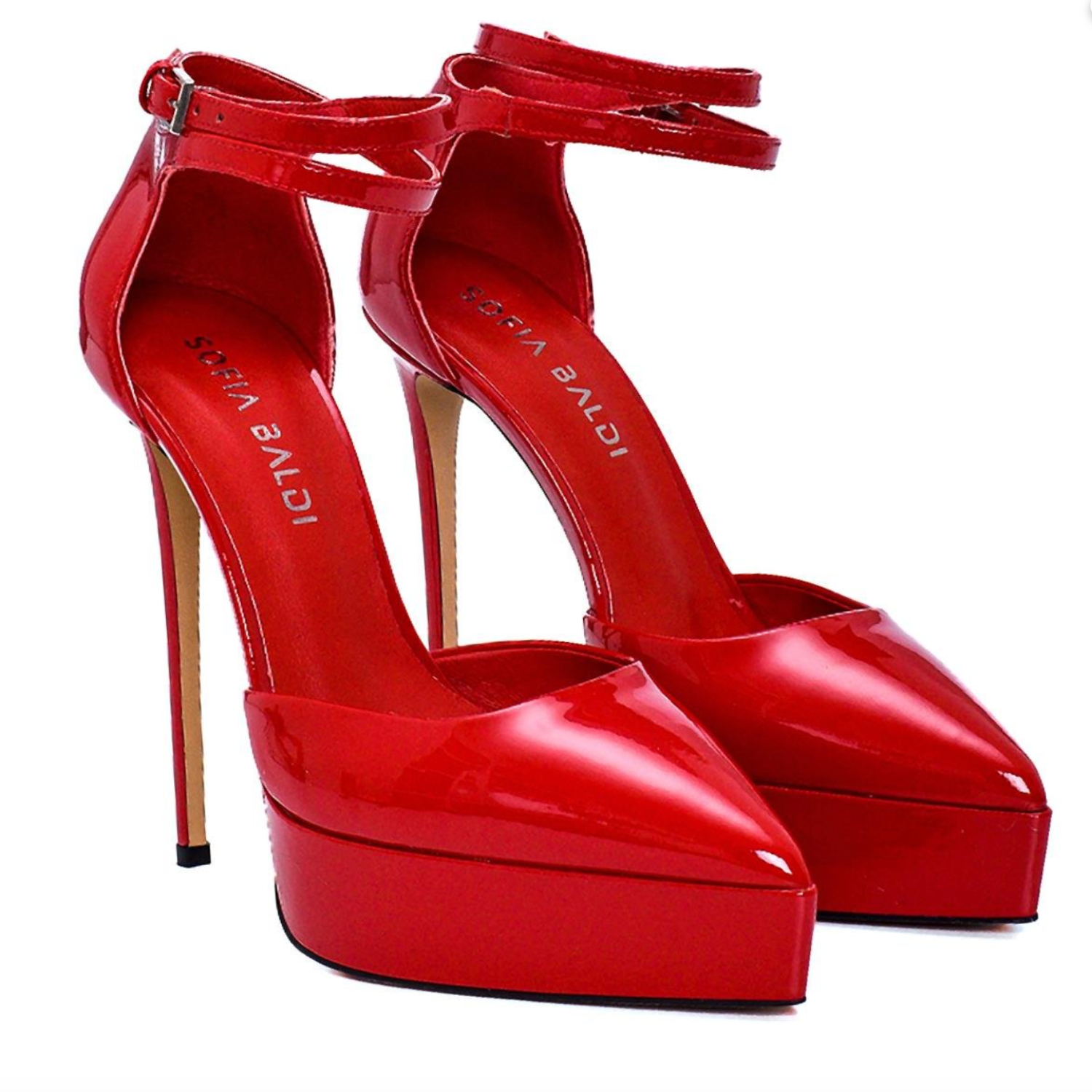 Nude Patent Platform High Heels with Ankle Strap - Red - Centralia