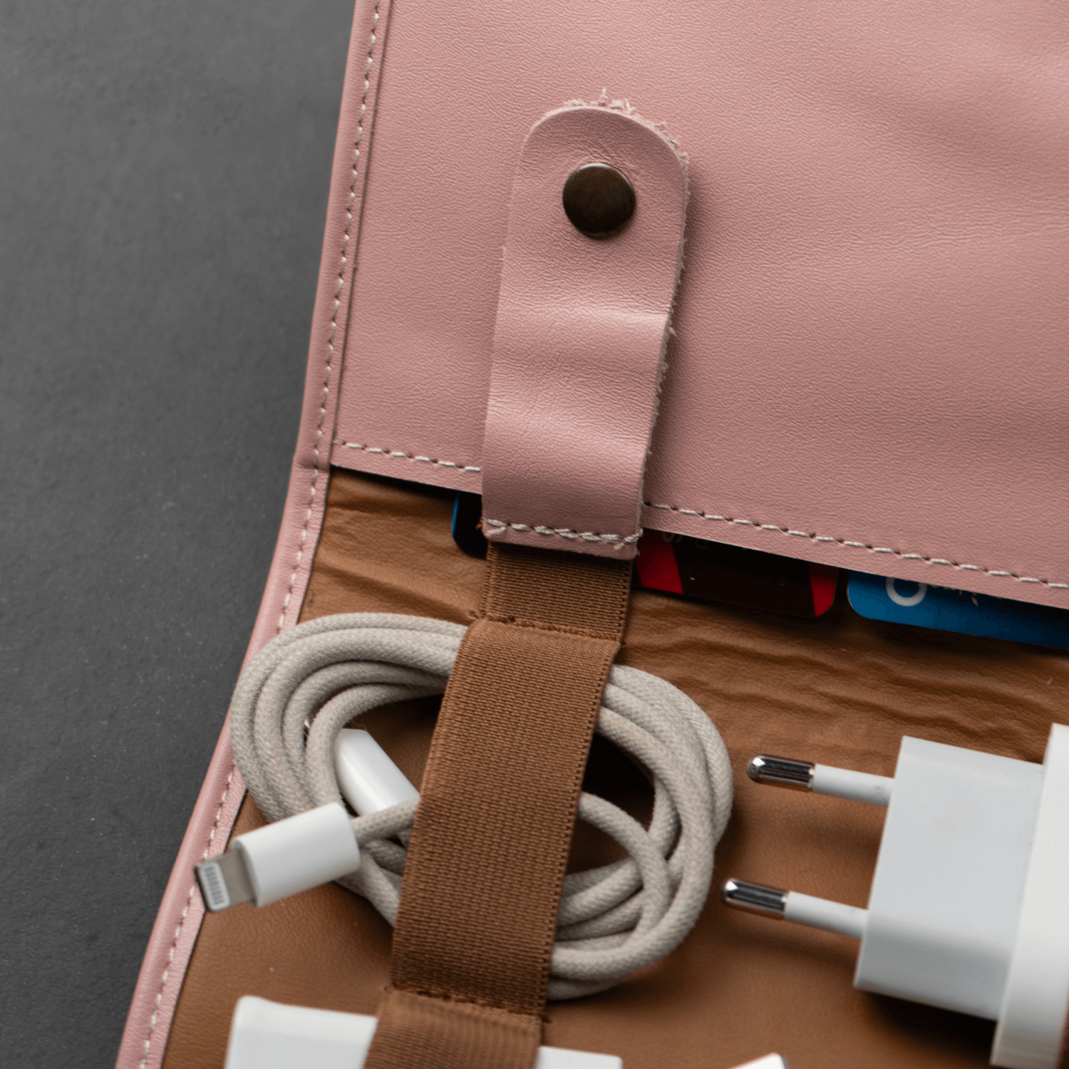 Pink Leather Travel Cable & Tech Organizer - LEATHERE