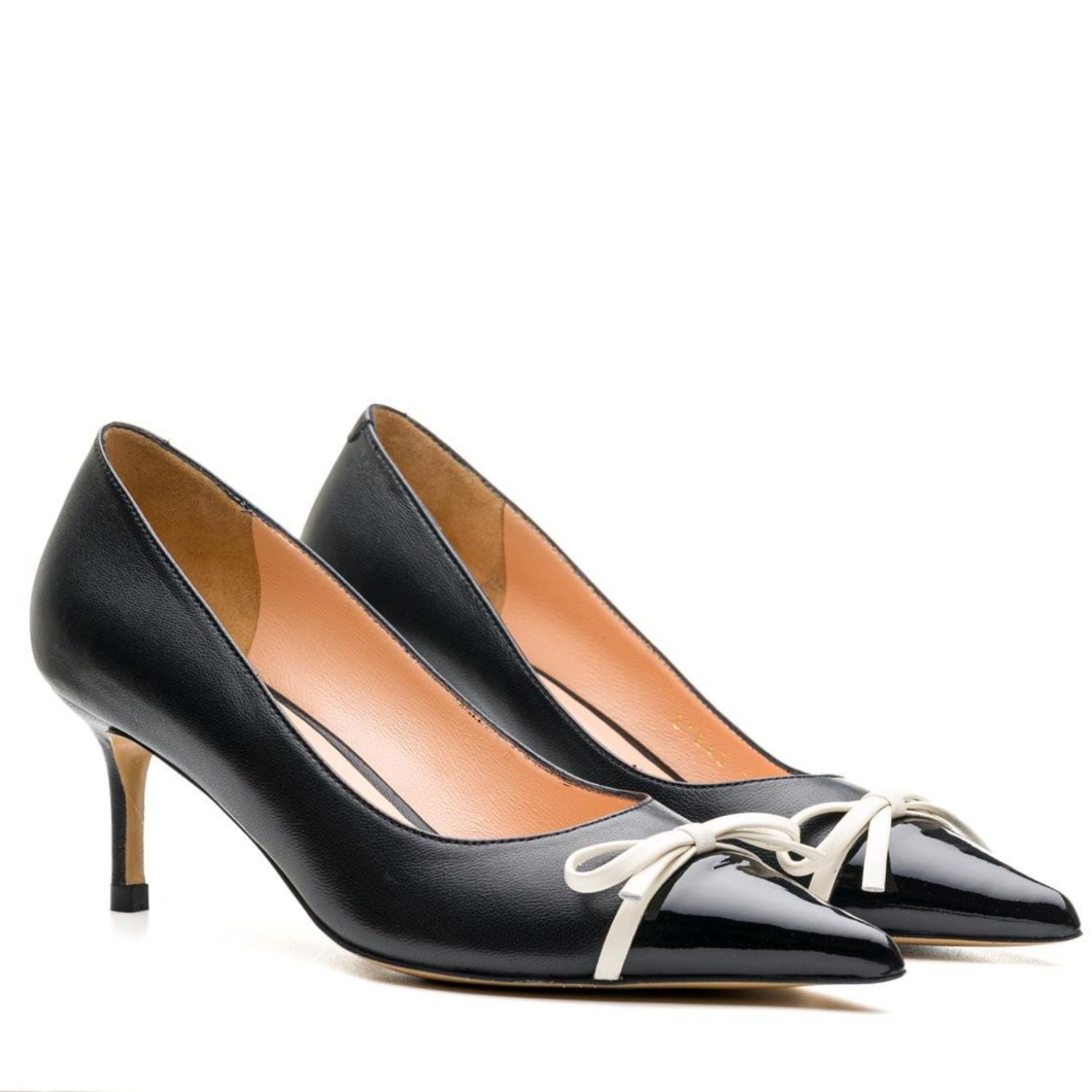 Black Pointed Toe Pumps with White Bow Detail- Black - Plano