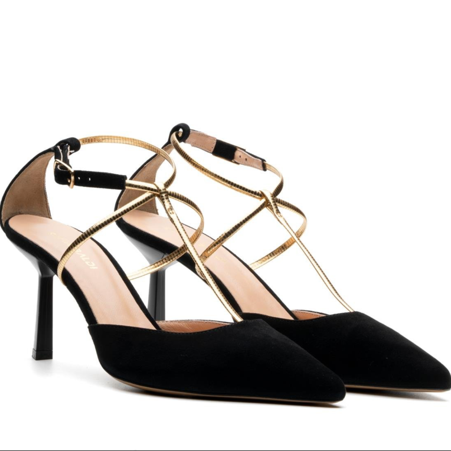 Black Suede Pointed Toe Heels with Gold Ankle Straps - Black - Stamford