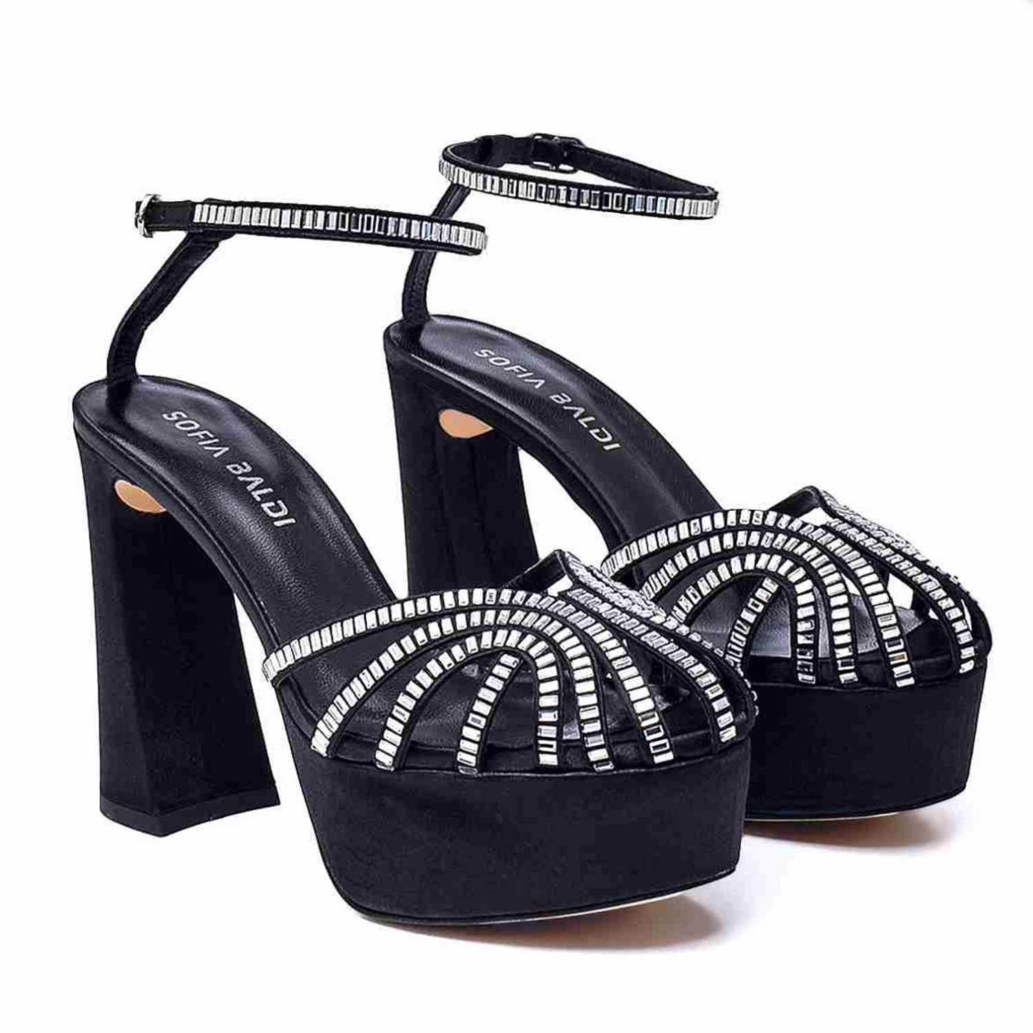 Black Crystal Embellished Platform Sandals with Block Heel - Black - Dayton