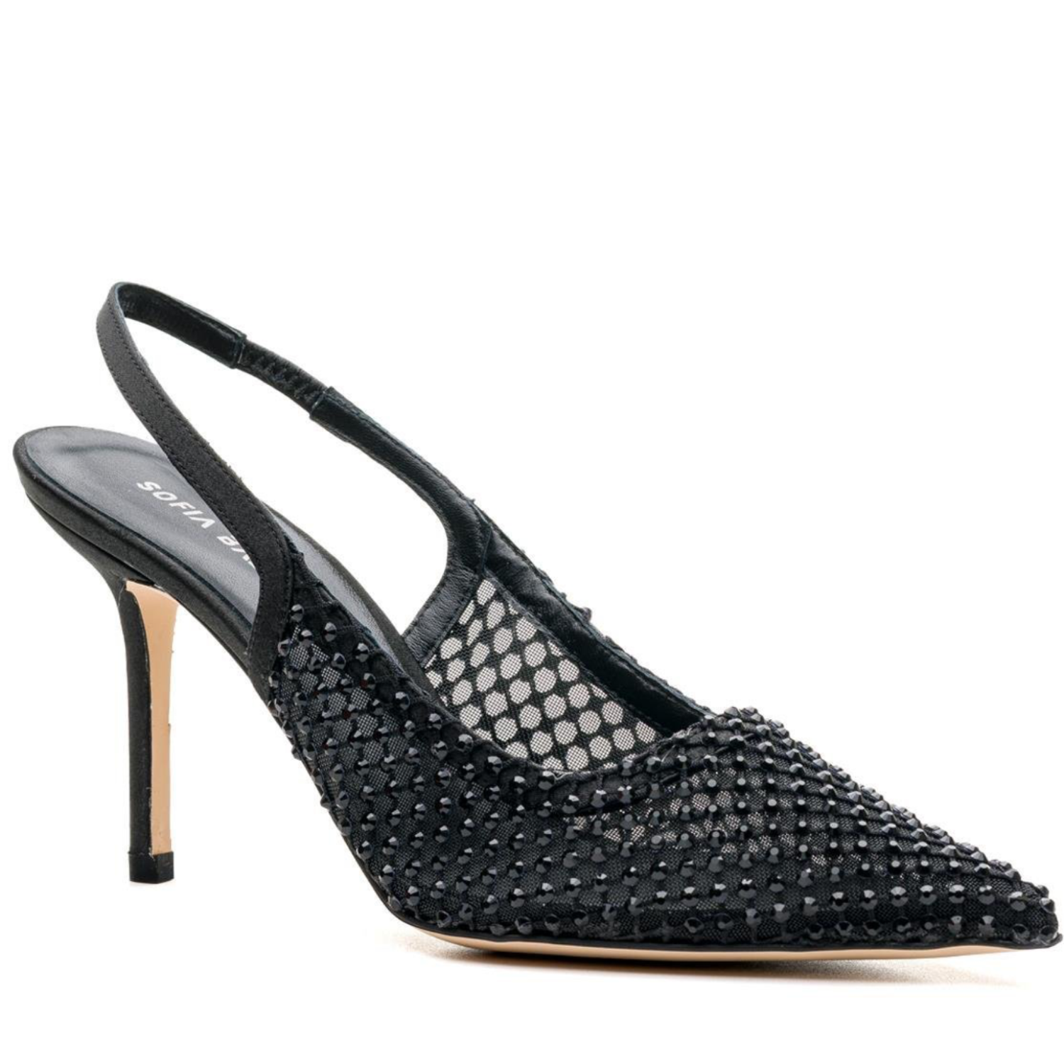 Black Rhinestone Mesh Pointed Toe Slingback Heels - Black - Bakersfield
