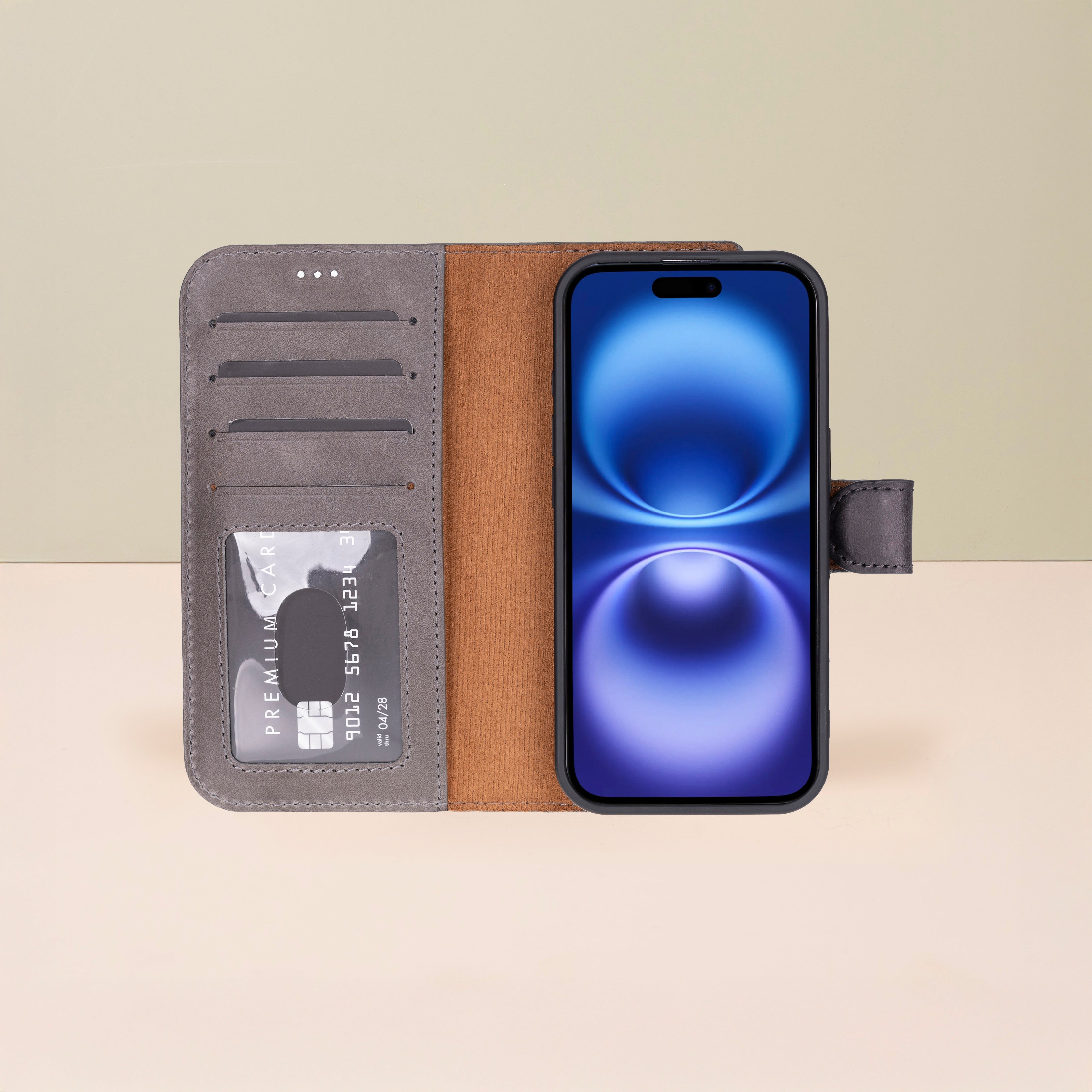 Leathere iPhone 17 Wallet Case – Gray - New York