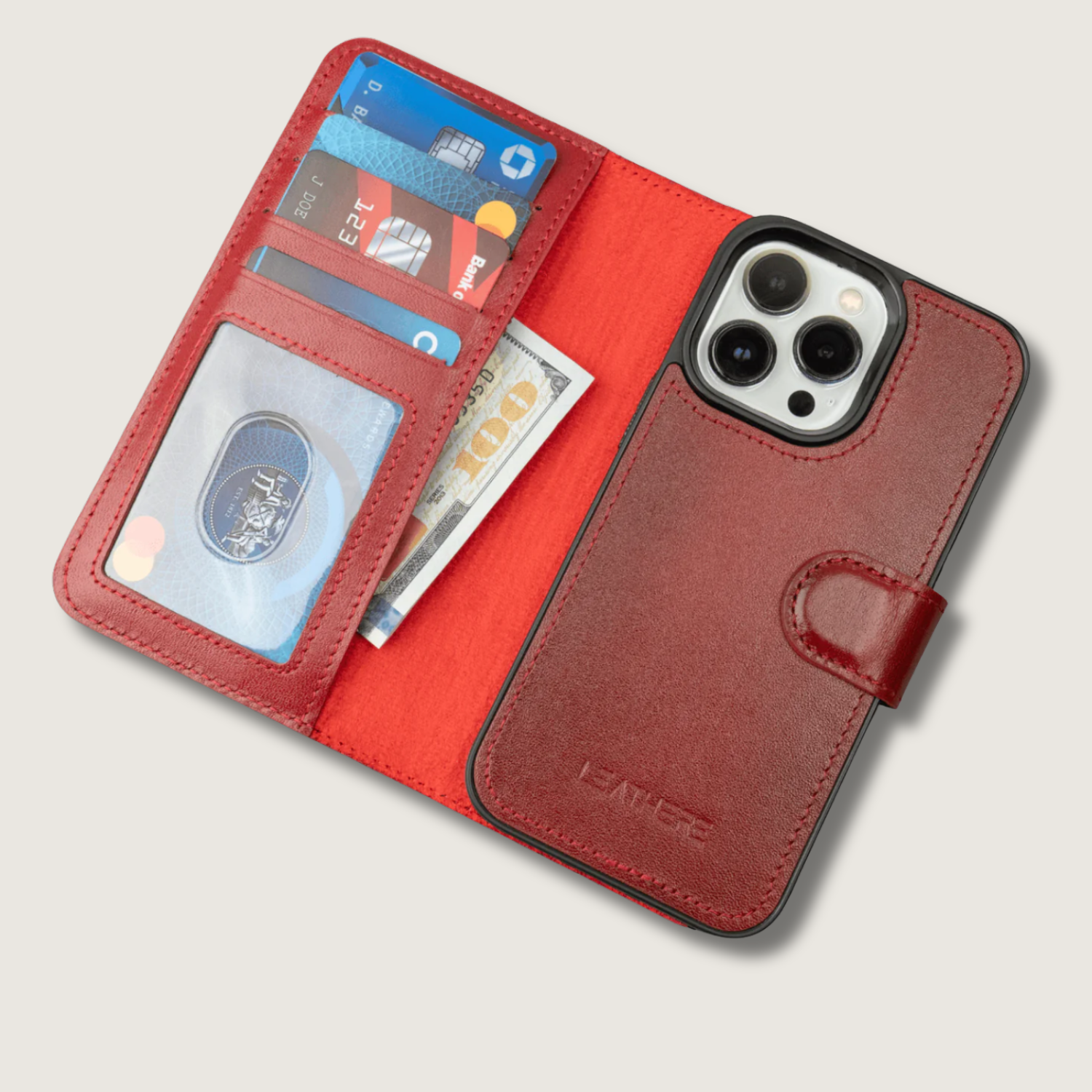 iPhone 15 Series Red Leather Wallet Case - New York