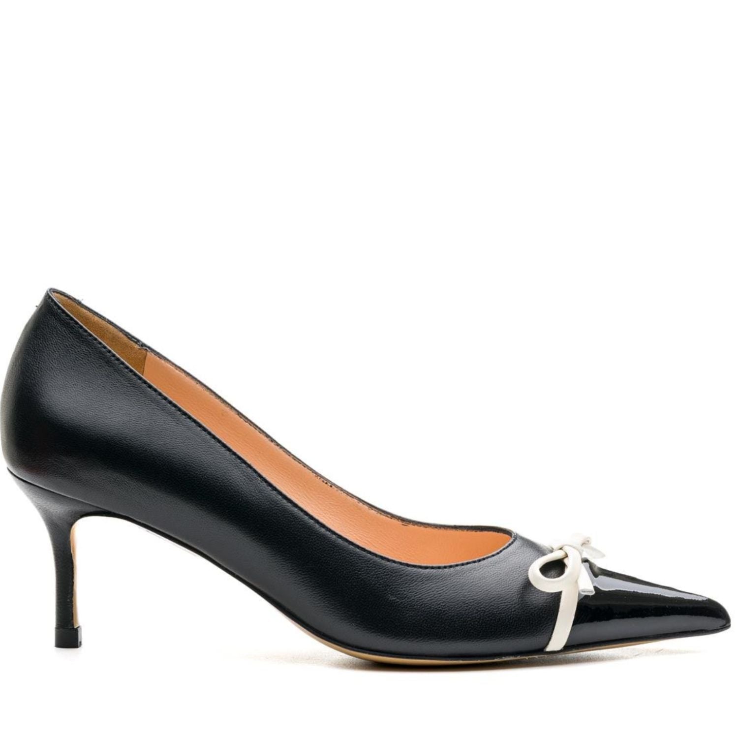 Black Pointed Toe Pumps with White Bow Detail- Black - Plano