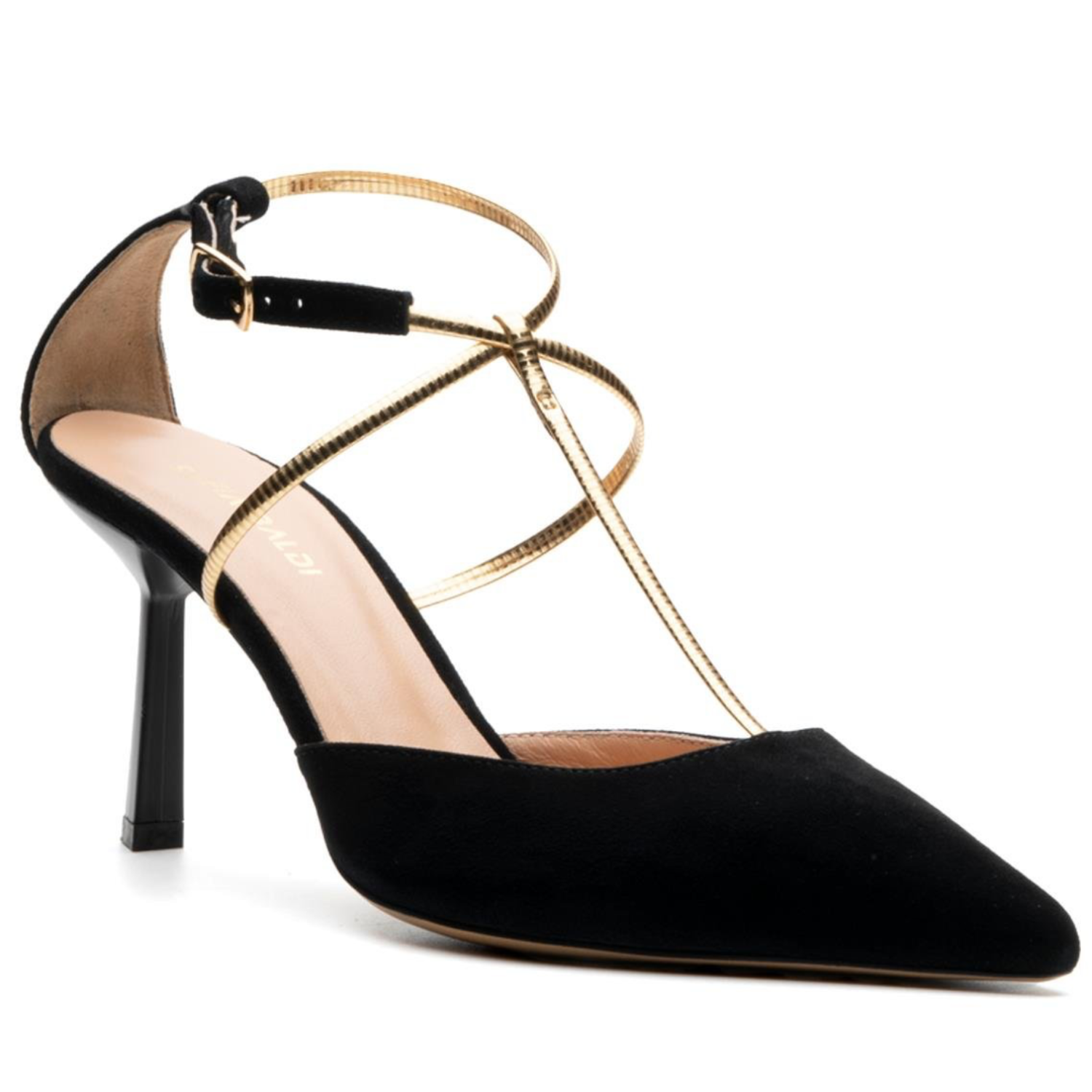 Black Suede Pointed Toe Heels with Gold Ankle Straps - Black - Stamford
