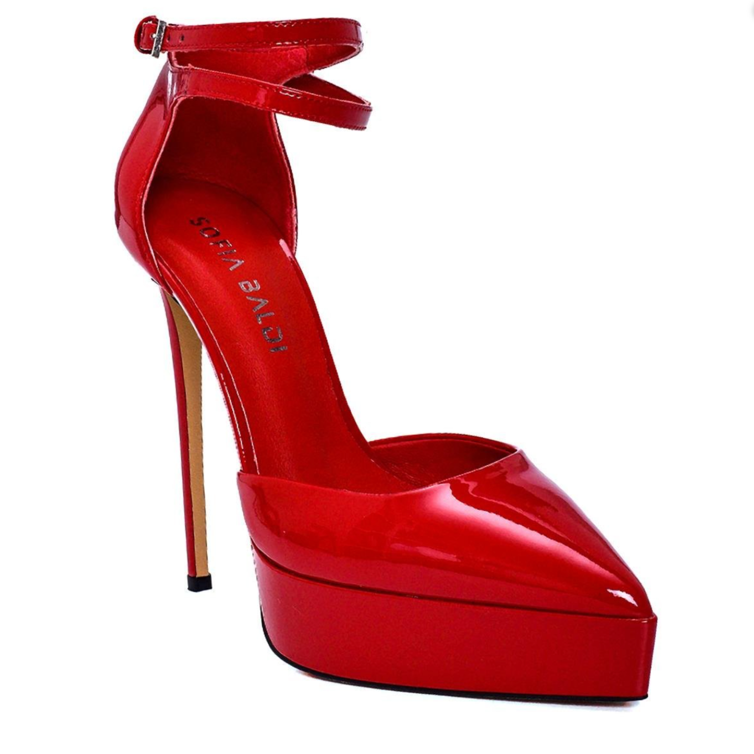 Nude Patent Platform High Heels with Ankle Strap - Red - Centralia