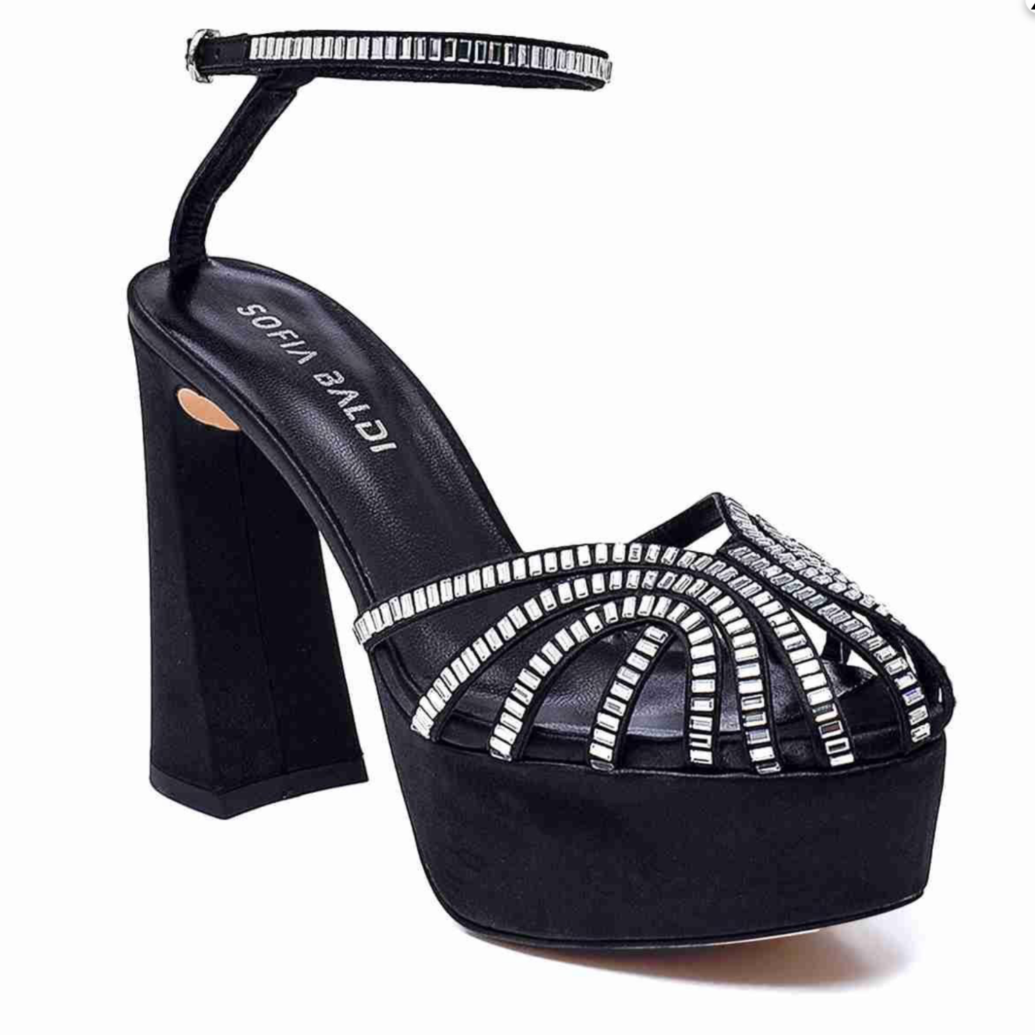 Black Crystal Embellished Platform Sandals with Block Heel - Black - Dayton