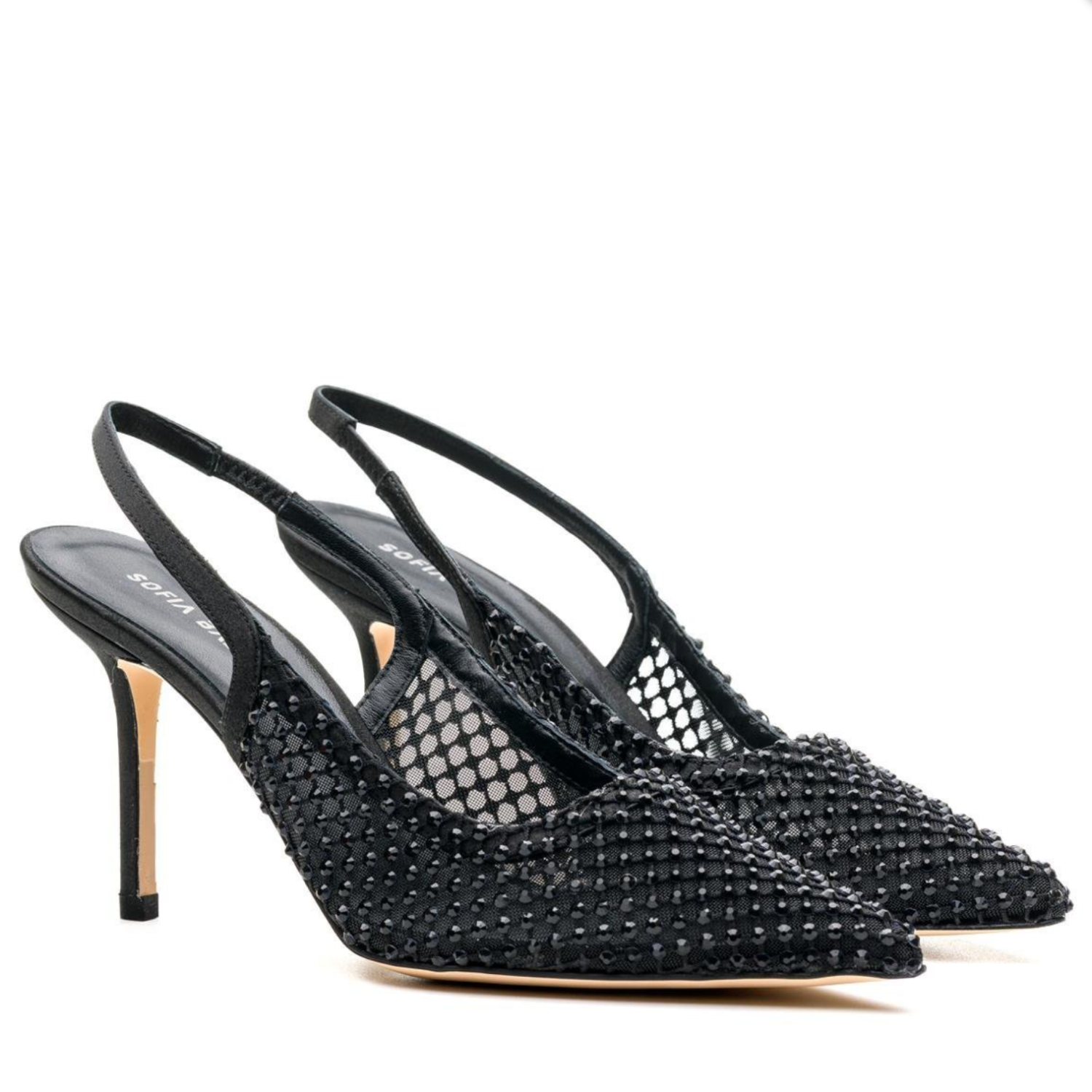 Black Rhinestone Mesh Pointed Toe Slingback Heels - Black - Bakersfield