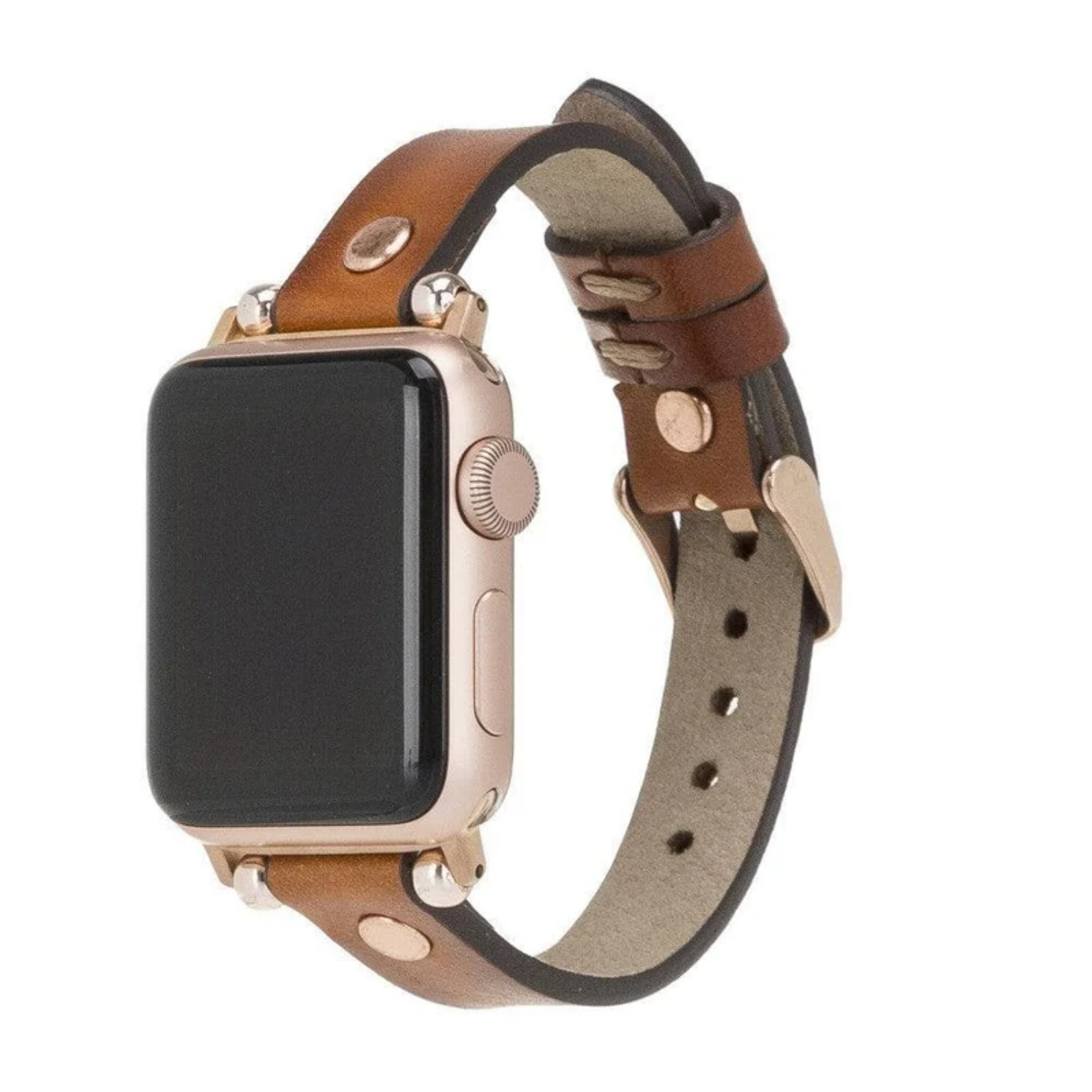 Rustic Brown Leather Slim Apple Watch Band with Rivet - LEATHERE