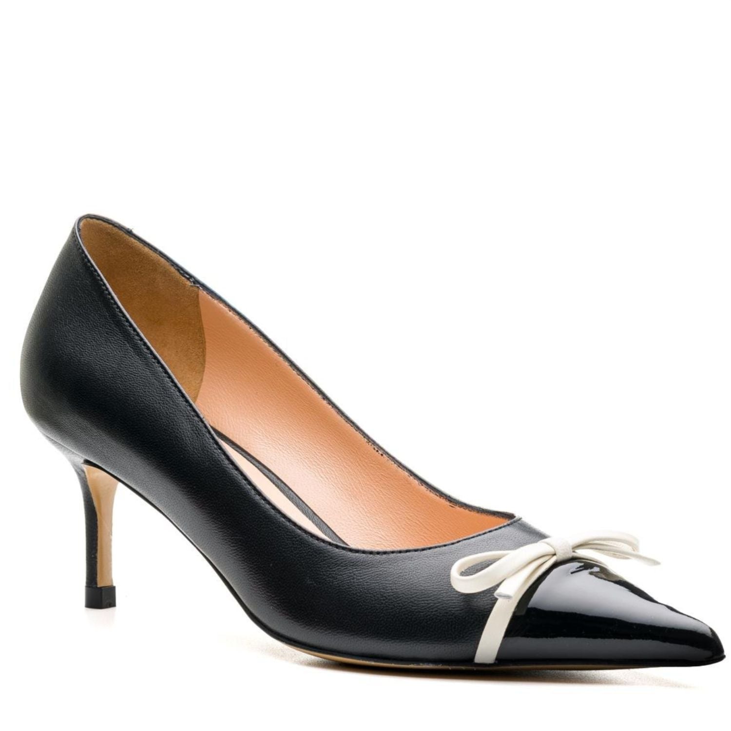 Black Pointed Toe Pumps with White Bow Detail- Black - Plano