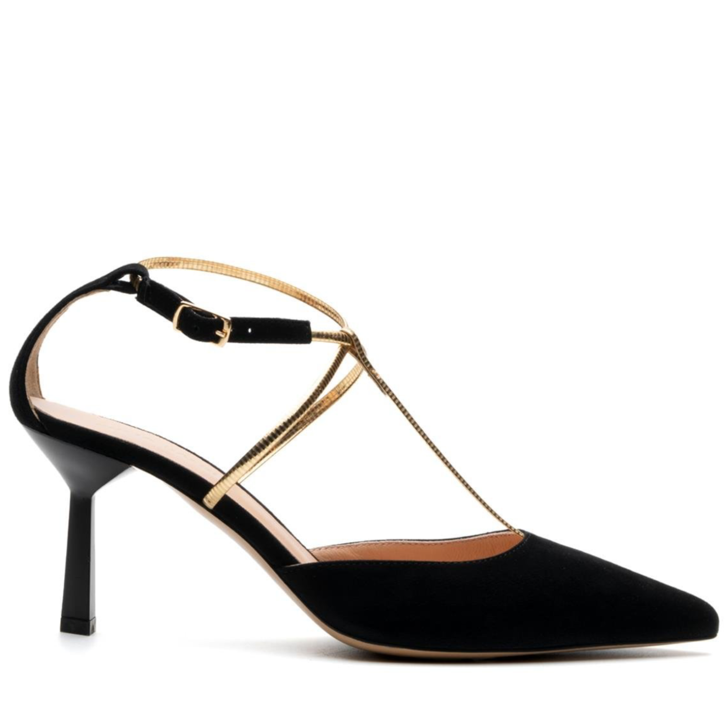 Black Suede Pointed Toe Heels with Gold Ankle Straps - Black - Stamford