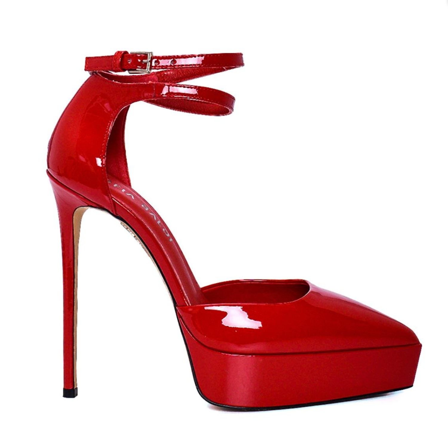 Nude Patent Platform High Heels with Ankle Strap - Red - Centralia