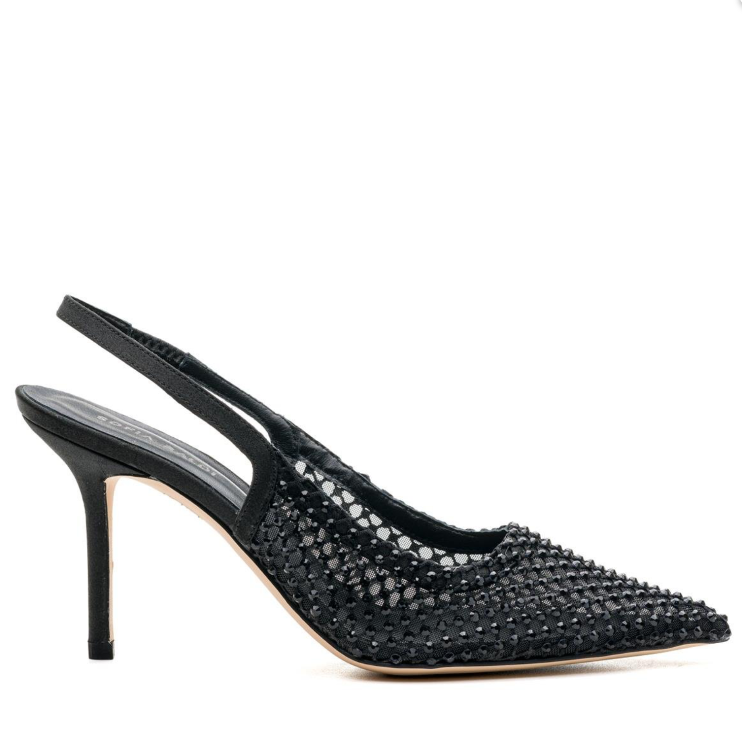 Black Rhinestone Mesh Pointed Toe Slingback Heels - Black - Bakersfield