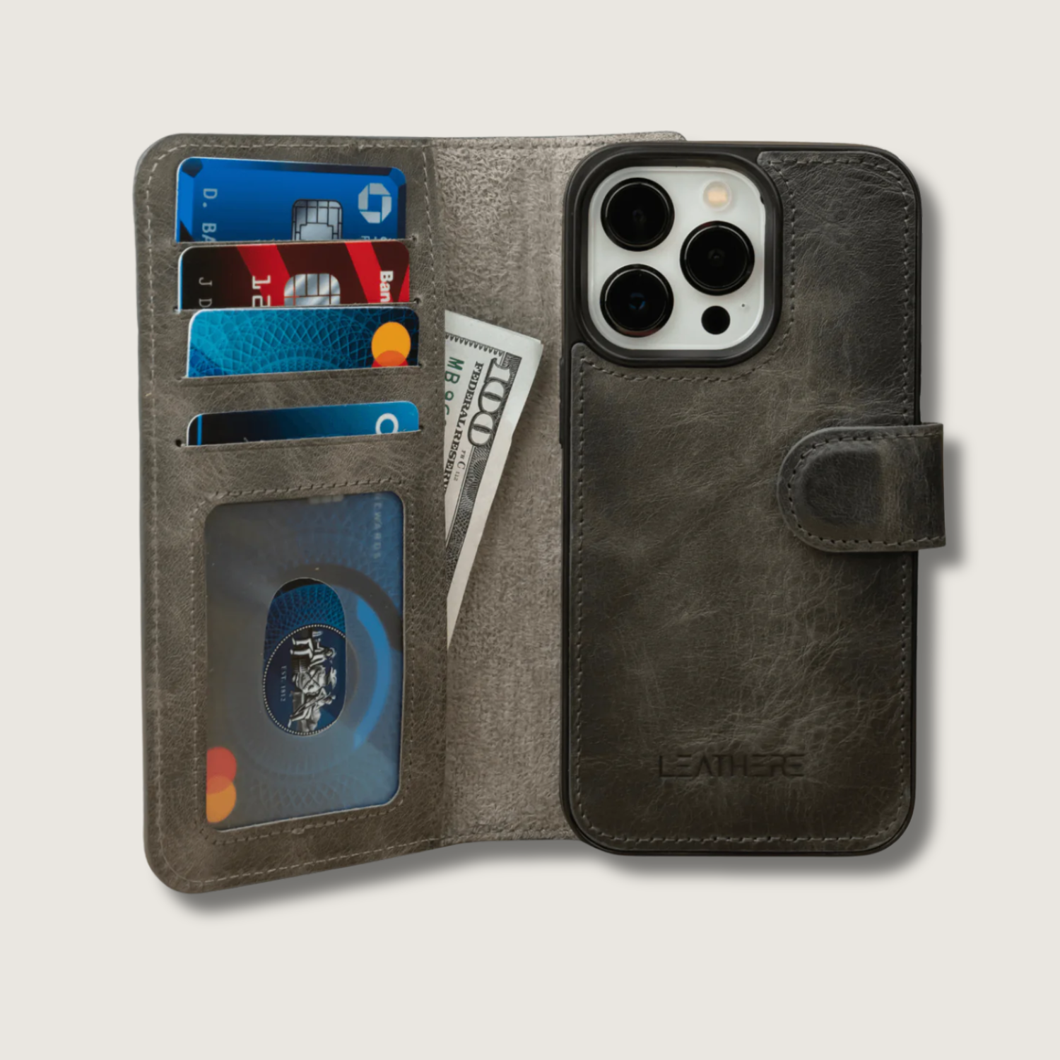 iPhone 15 Series Grey Leather Wallet Case - New York
