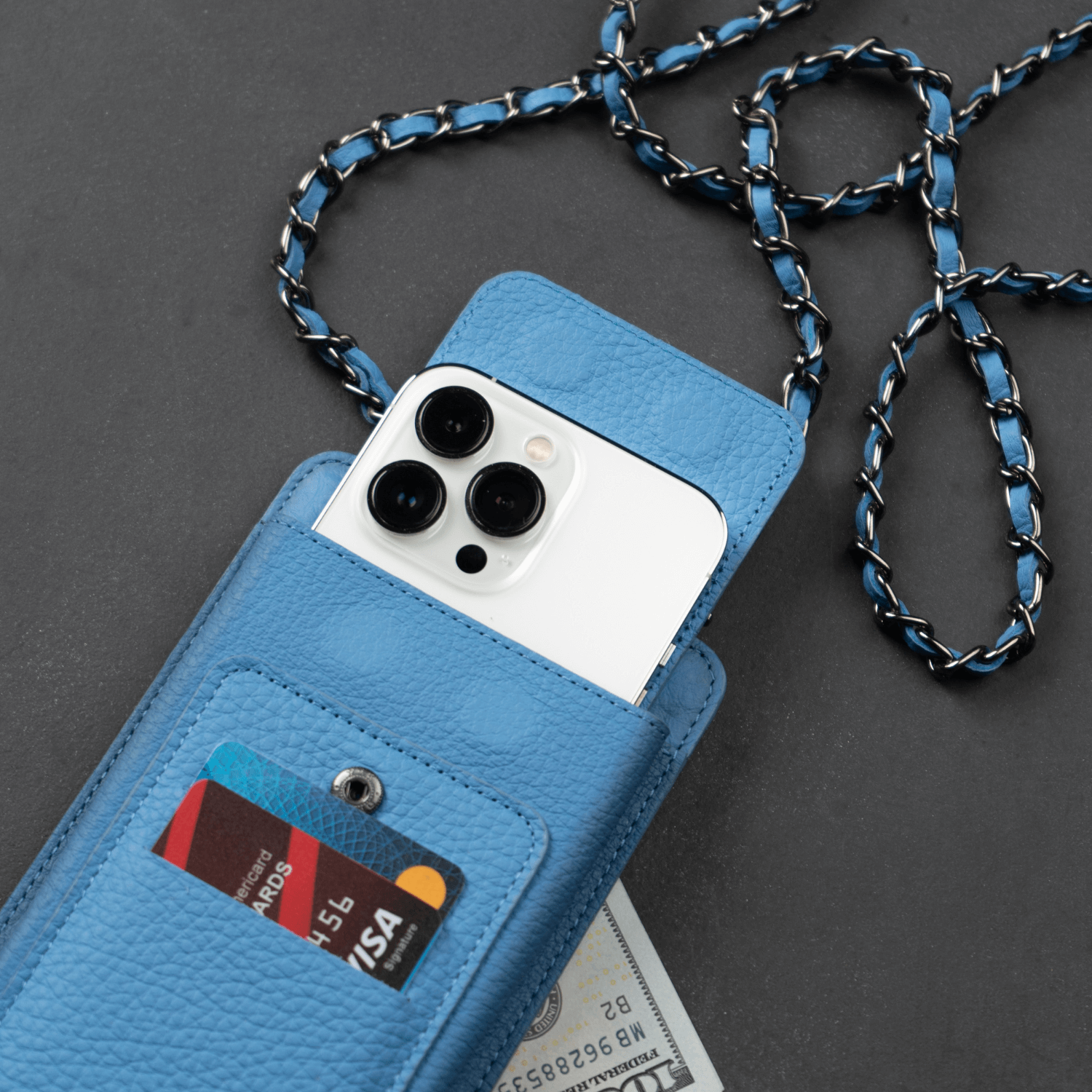 Blue Leather Crossbody Phone Bag & Wallet - LEATHERE