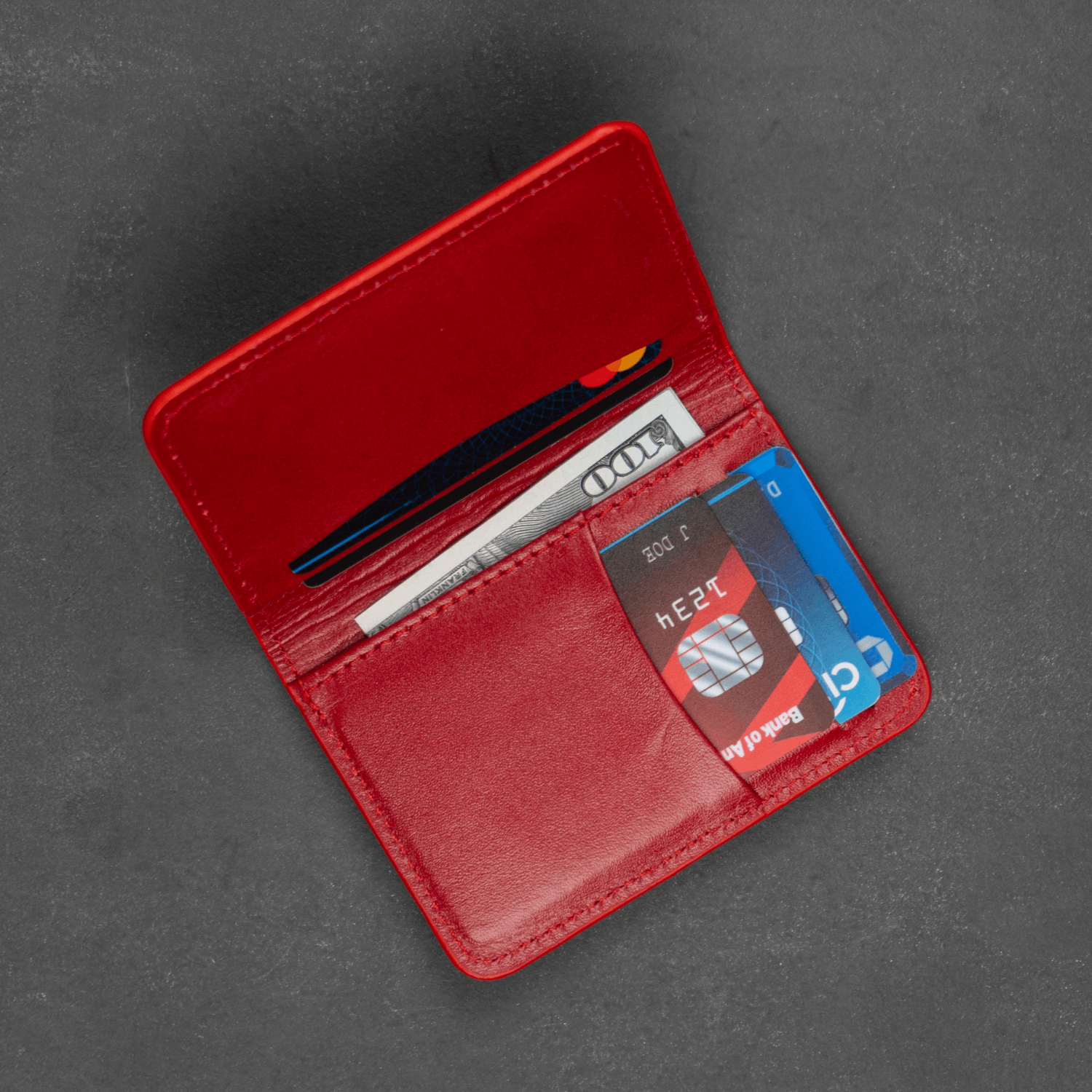 Red Leather Thin Wallet with Card Holder - LEATHERE