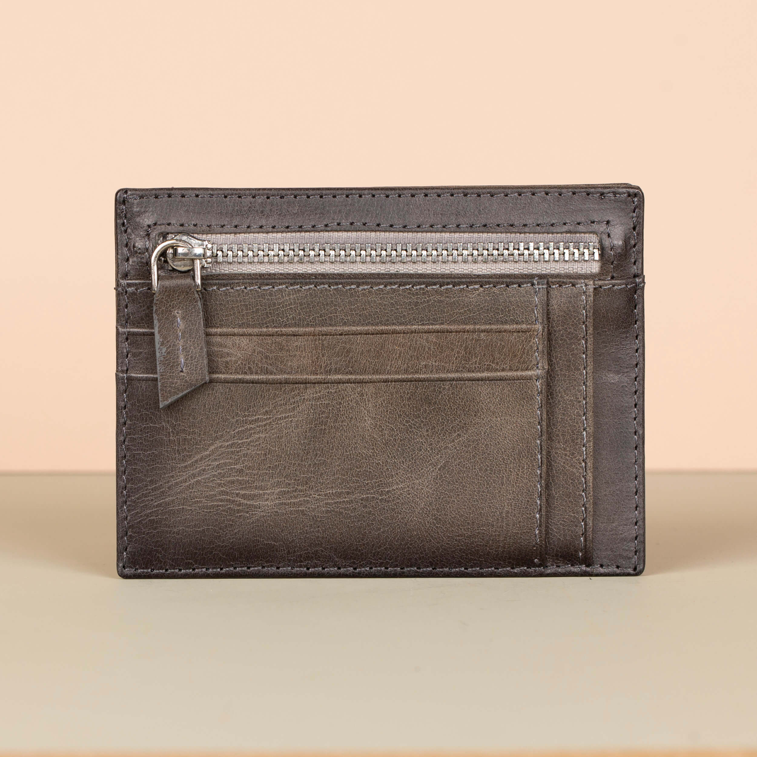 Vibrant Leather Card Holder with Zipper Pocket - Gray - Concord